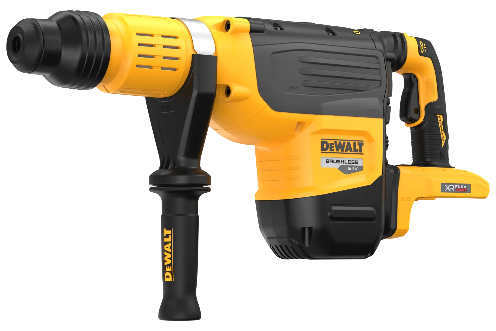 DEWALT 54V rotary hammer drill with side handle, yellow and black body, cordless design, XR FLEXVOLT branding.