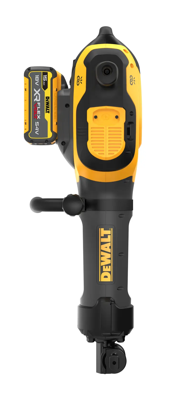 A construction worker in safety gear operates a DEWALT electric jackhammer to break up concrete on a worksite. The tool is connected to a vacuum system and there is construction equipment in the background.