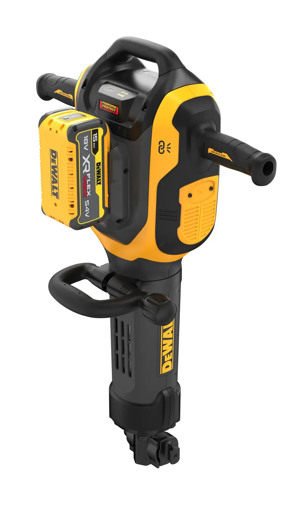 A construction worker wearing a safety helmet and reflective vest uses a DEWALT demolition tool to break concrete in an industrial setting. Nearby are a pipe, a tool case, a dolly, and a standing work light.