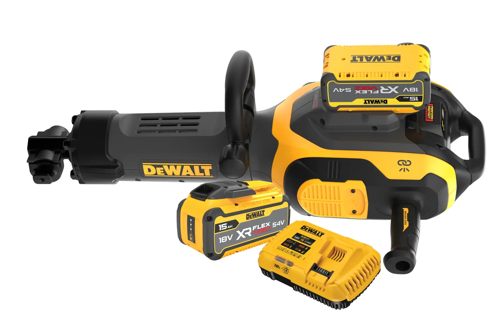 A person wearing safety gear uses a DEWALT demolition hammer to break up a concrete floor near a wall in an industrial setting. Construction tools and equipment are visible in the background.
