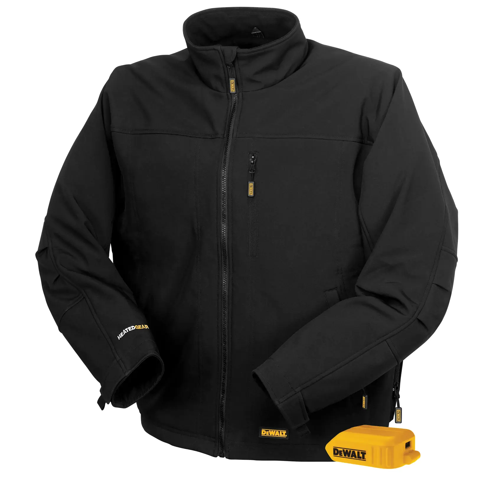 Black DEWALT heated jacket with zip pockets and yellow battery pack shown in front.