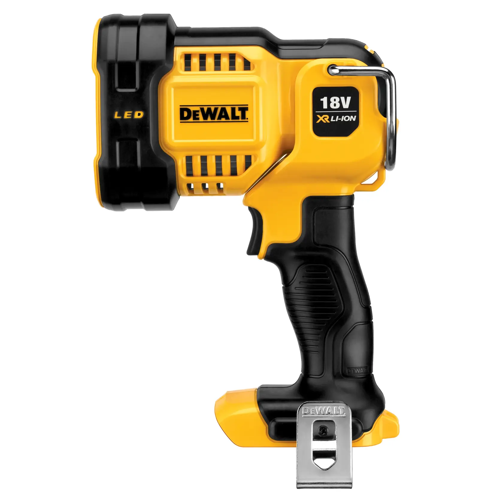 Lámpara de trabajo portátil DEWALT 18V XR Li-Ion LED, con diseño duradero en amarillo y negro y clip metálico en la base.
