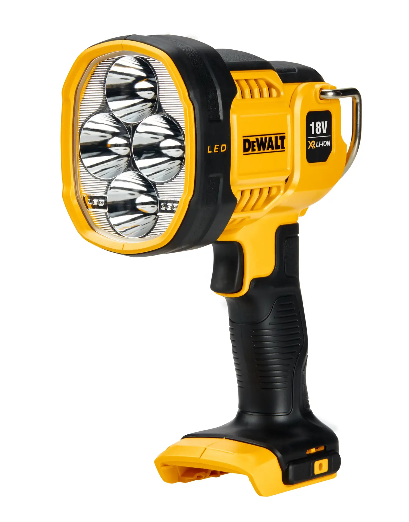 Un foco LED portátil DEWALT DCL043 compatible con batería 18V XR Li-Ion. El dispositivo es de color amarillo y negro con cuatro bombillas LED y un asa resistente.