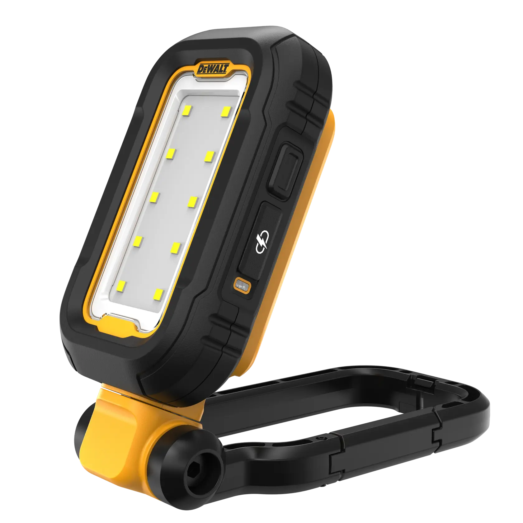 A DEWALT DCL182 portable LED work light with a rugged black and yellow casing, adjustable stand, and multiple LED bulbs, shown against a white background.