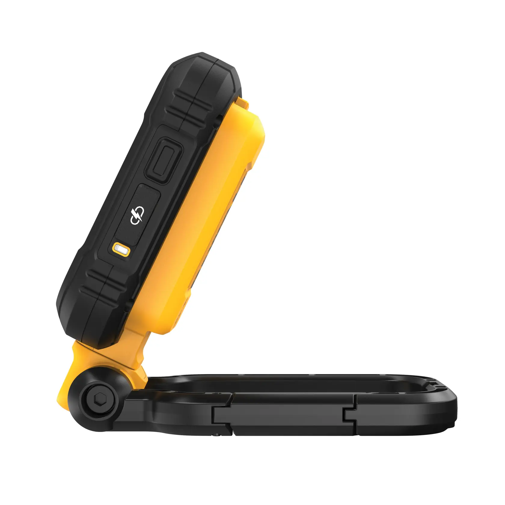 Vue latérale d'une lampe de travail portable DEWALT DCL182 avec un support pliable, présentant un extérieur robuste jaune et noir.