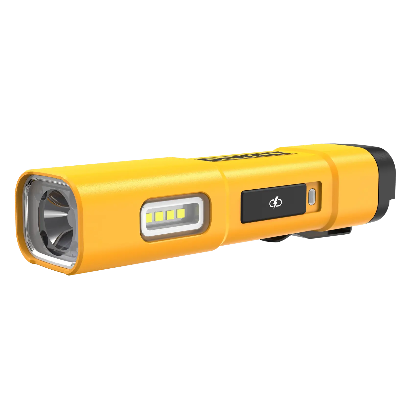 A DEWALT DCL183 yellow LED rechargeable flashlight with a rectangular shape, featuring a side array of LED lights and a power button.