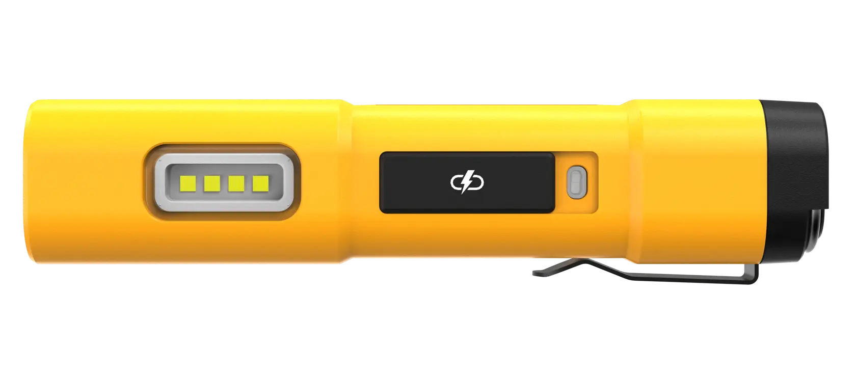 Une lampe torche LED jaune DEWALT DCL183 avec un clip noir et un bouton latéral, conçue pour une utilisation portable.