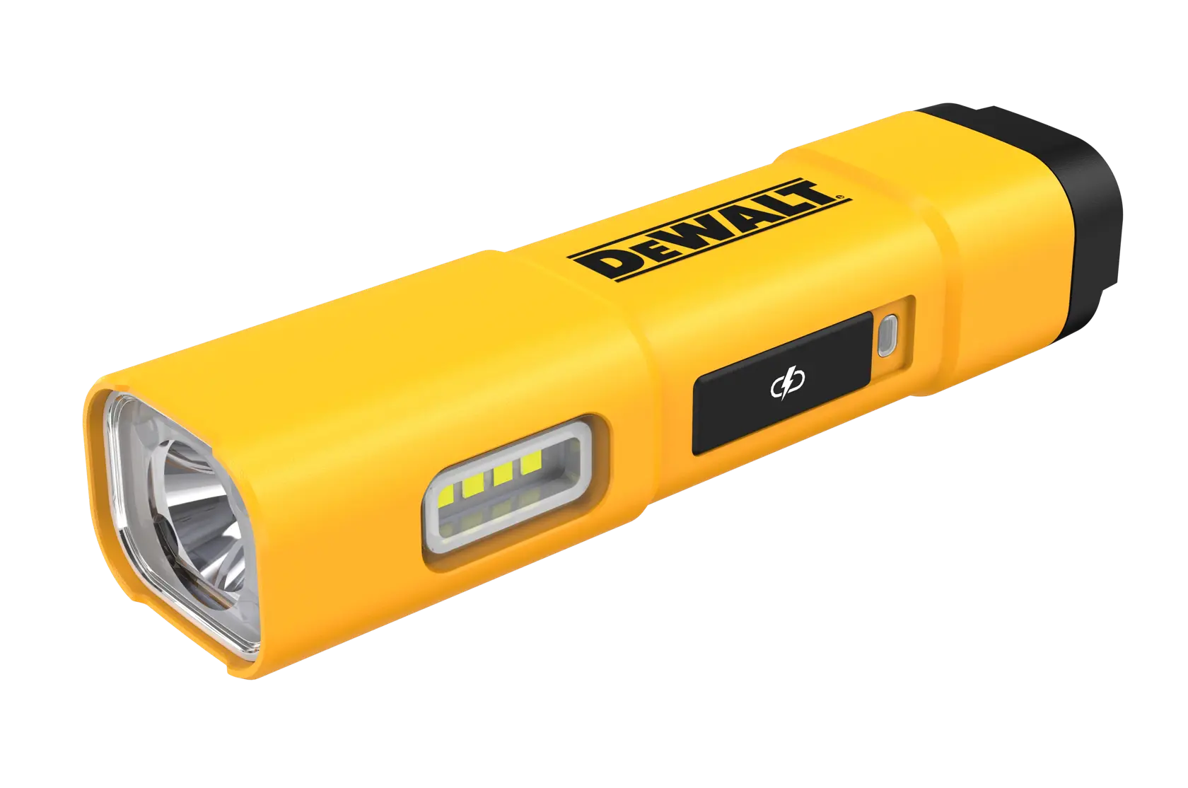 Lampe de poche LED rechargeable DEWALT DCL183 jaune avec un corps rectangulaire, panneau LED latéral et bouton d'alimentation.