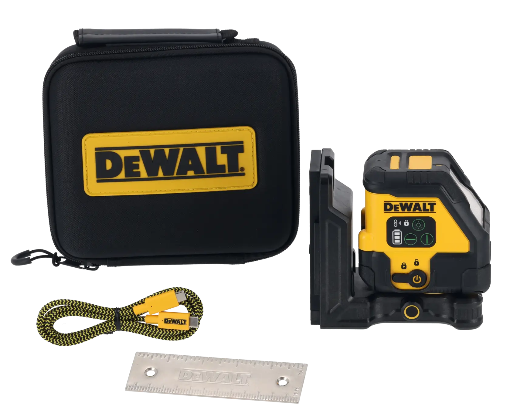 DEWALT laser level kit with carrying case, USB cable, metal ruler, and yellow-black device shown.