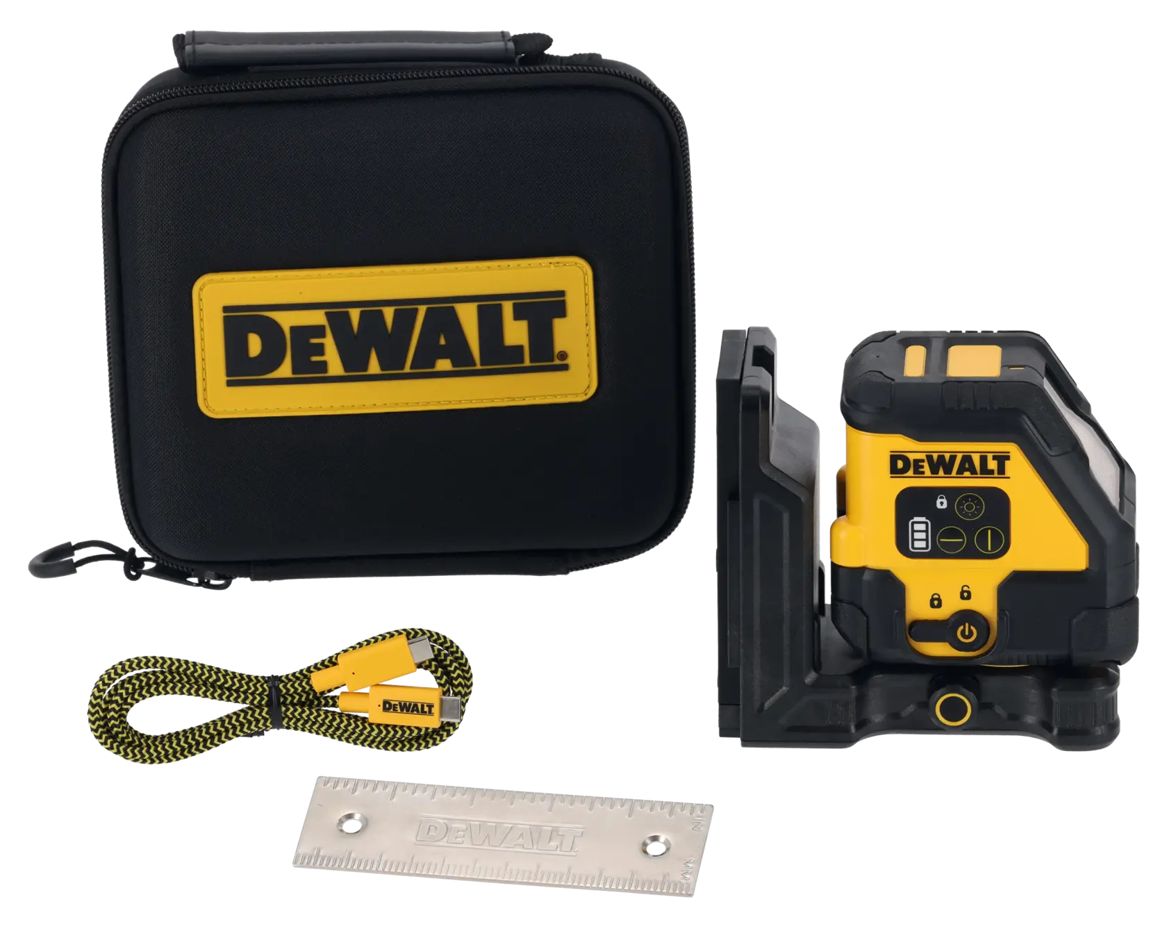 DEWALT laser level kit including a black and yellow laser level device, a sturdy carrying case with handle and DEWALT logo, a yellow USB-C charging cable, and a metal ruler.