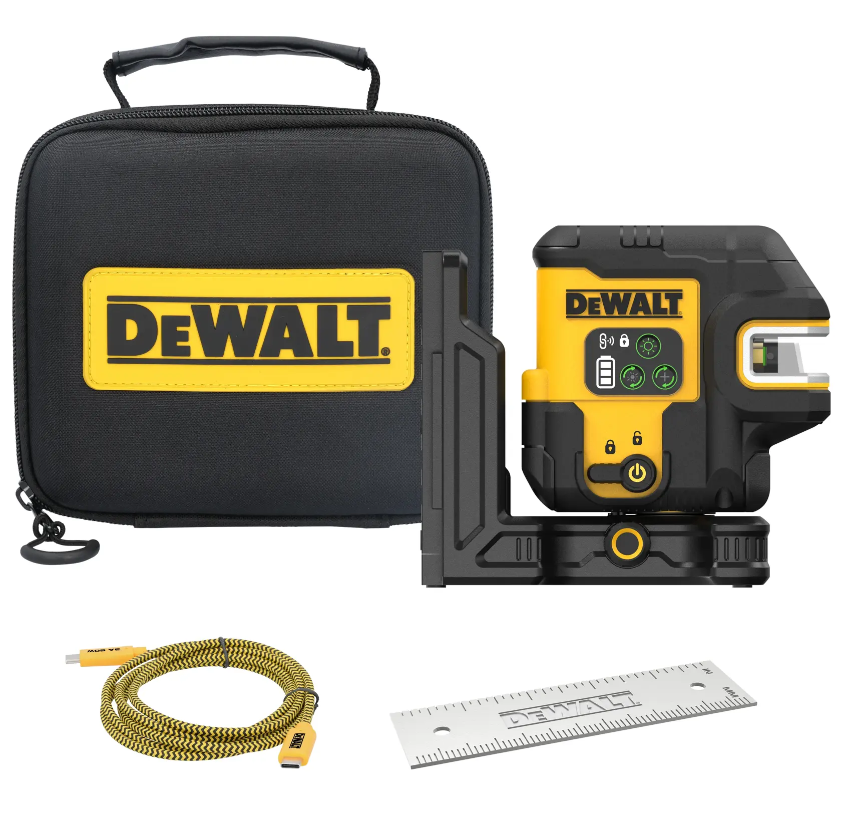 DEWALT photography product kit including a black carrying case with DEWALT branding, a digital device with controls and yellow accents, a yellow and black USB cable, and a metal ruler.