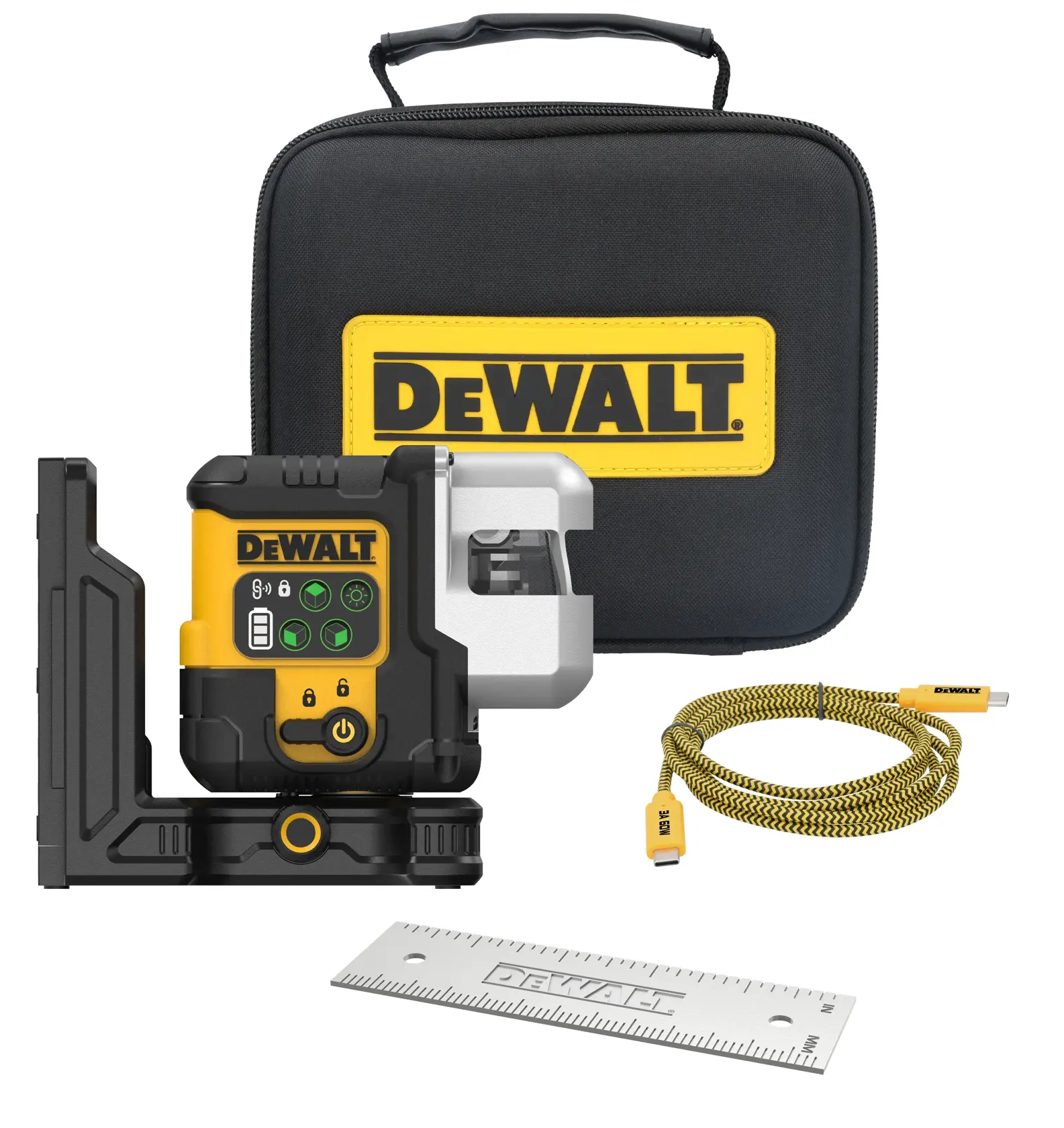 DEWALT laser level kit with a black carrying case, a yellow and black laser level device, a yellow USB cable, and a metal ruler, all displayed together.