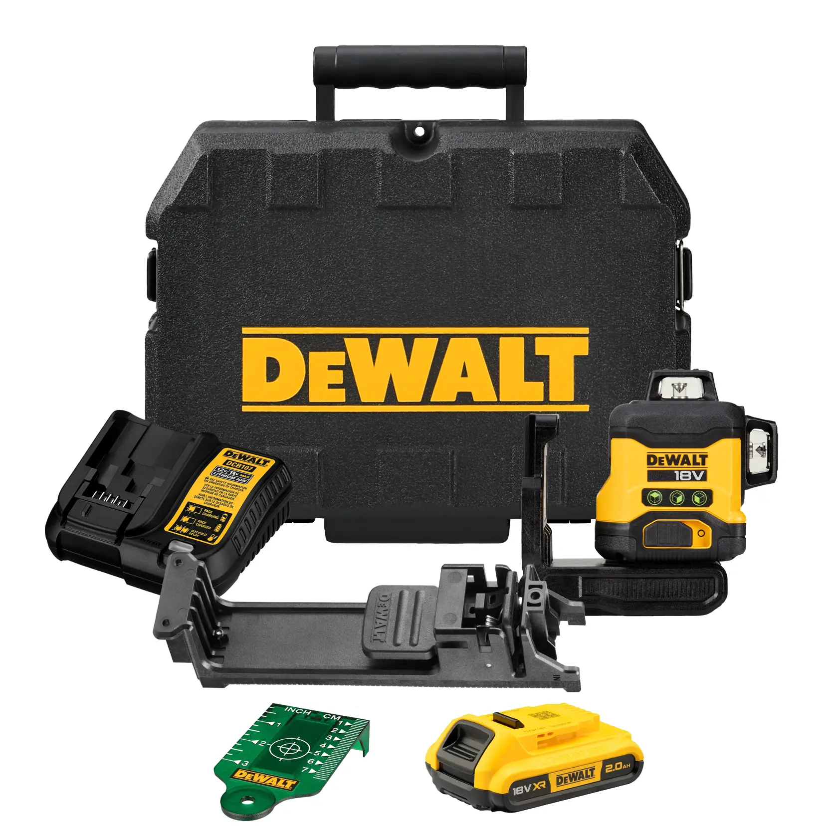 DEWALT laser level kit including a hard carrying case, laser level device, battery charger, mounting bracket, rechargeable battery, and a green target plate.