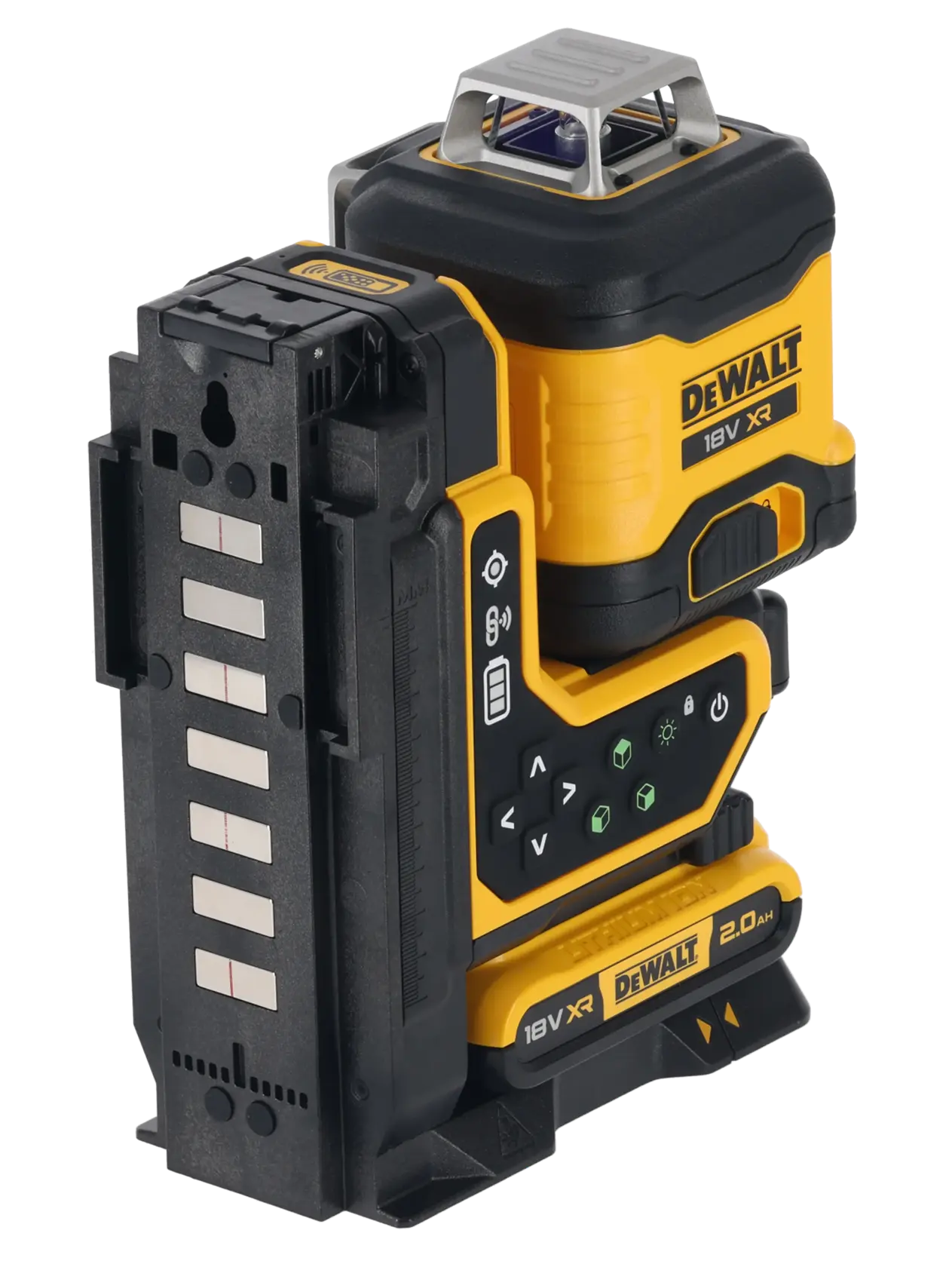 A DEWALT 18V XR laser level tool with a yellow and black design, featuring a digital control panel and a battery attached. The device is designed for precise leveling and alignment in construction or photography settings.