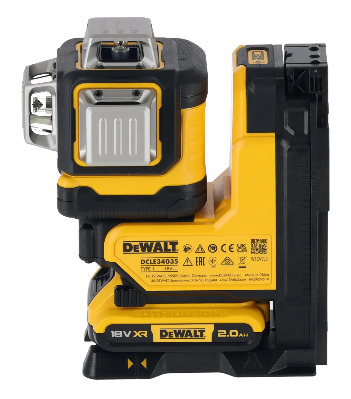 DEWALT DCLE34035D1 18V XR lithium ion battery-powered yellow and black compact laser level tool, shown in close-up with visible branding and product details.