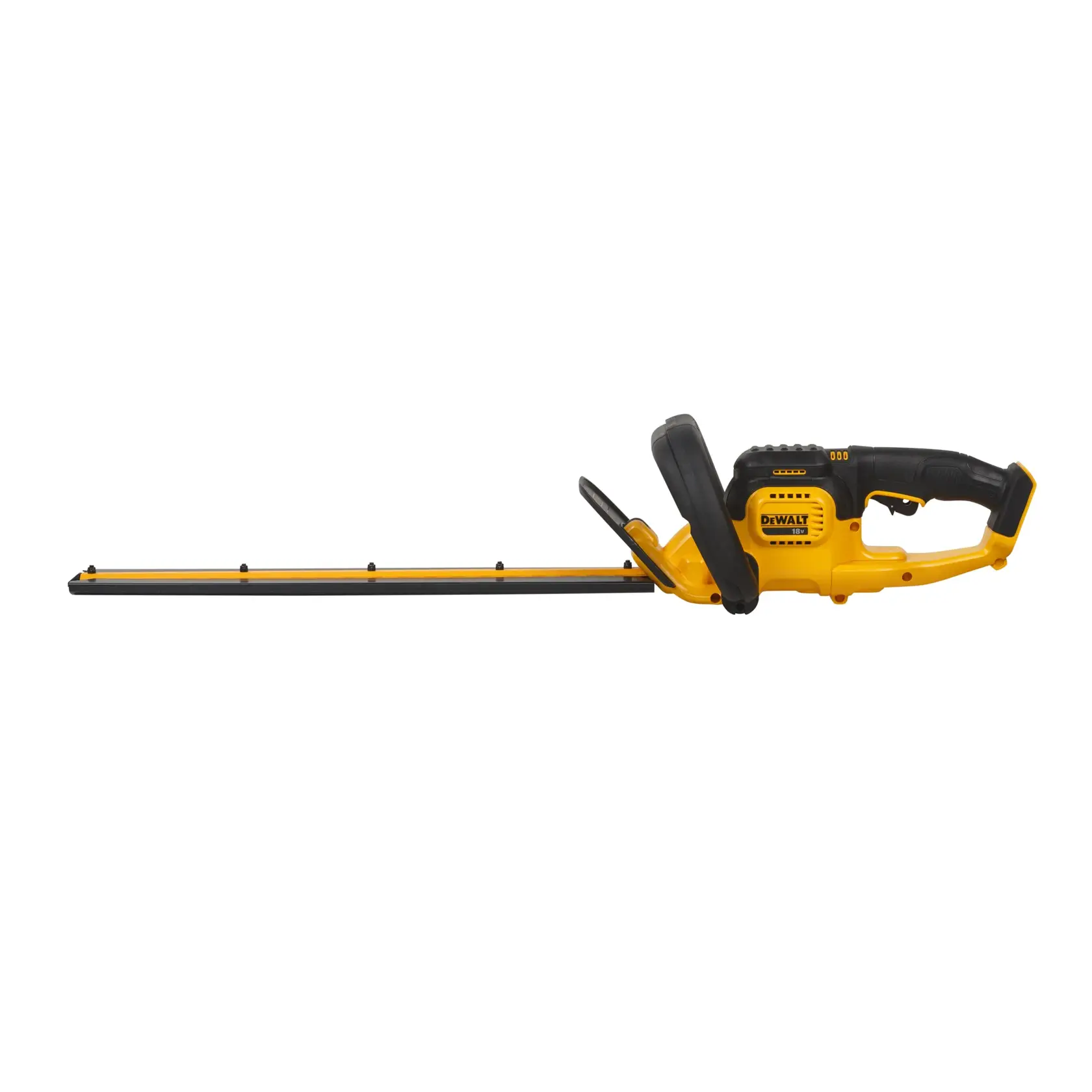A DEWALT cordless hedge trimmer with a yellow and black design, featuring a long blade and ergonomic handle, shown against a white background.