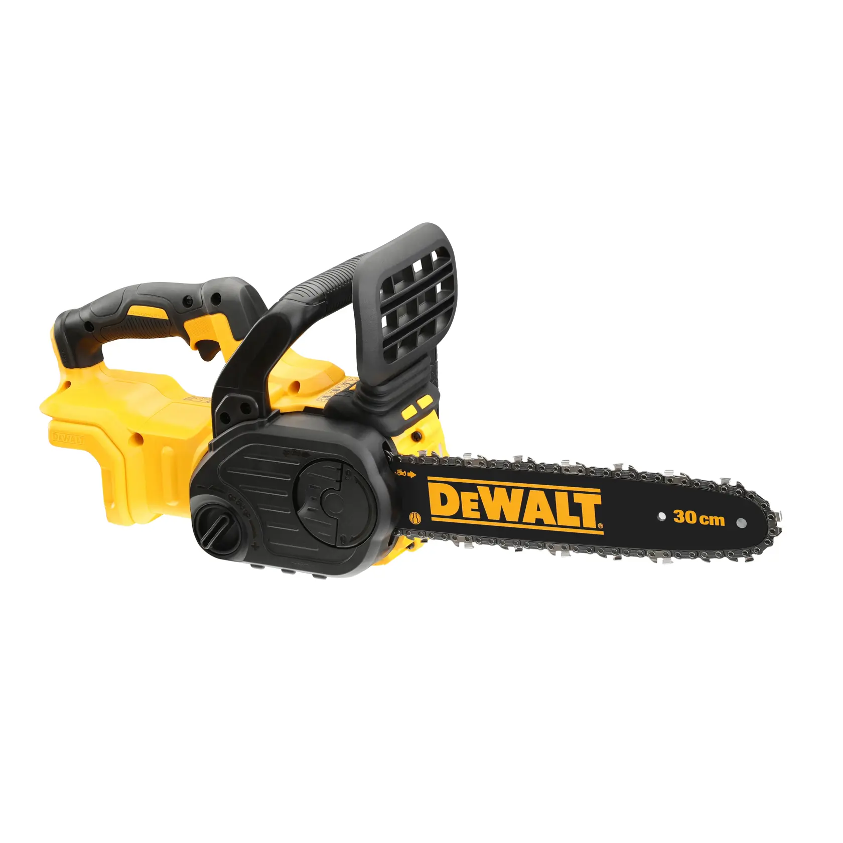 A DEWALT cordless chainsaw with a 30 cm blade, featuring a yellow and black ergonomic design. The product is shown against a white background.