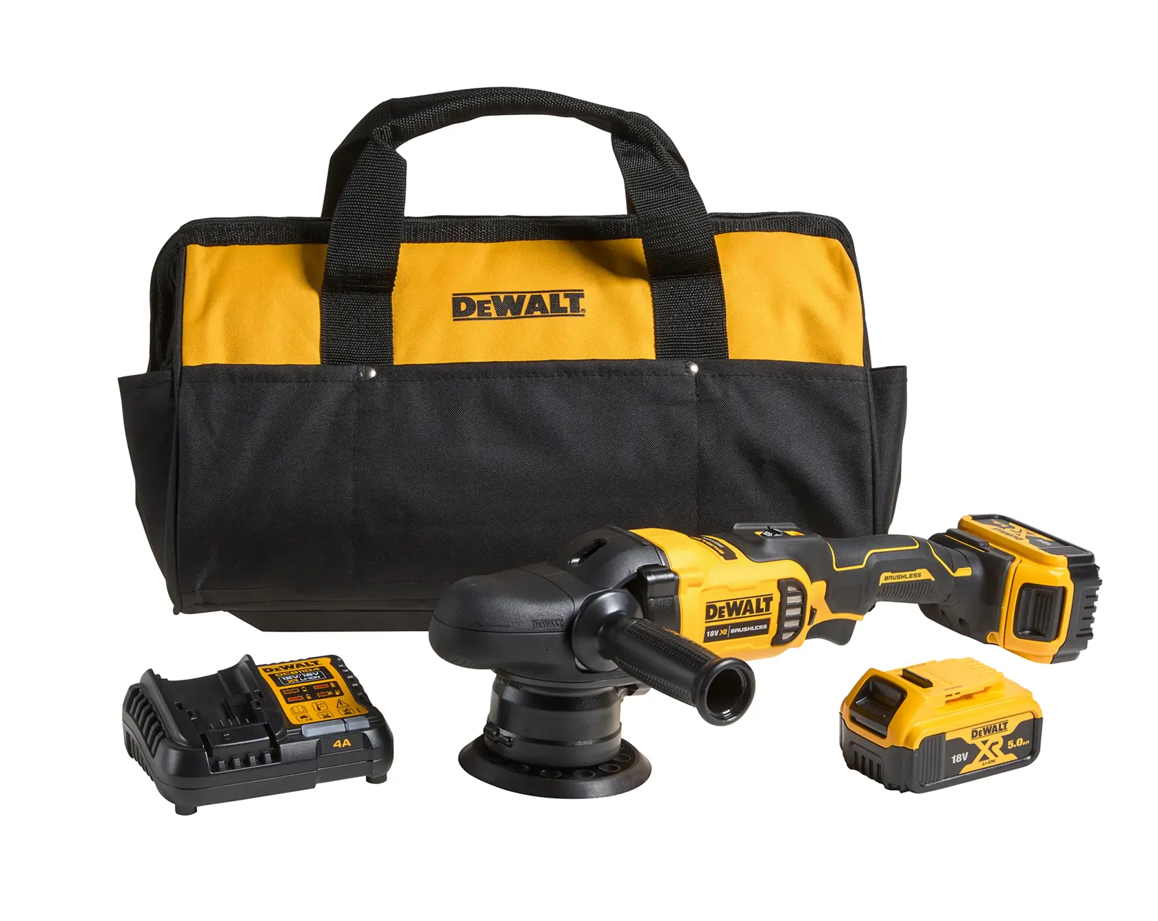 DEWALT DCM848P2 kit contents shown: a yellow and black carrying bag with DEWALT logo, a cordless random orbit polisher, a charger, two 20V MAX XR 5.0Ah batteries, and polishing accessories. The top features a list of included items and specifications in white text.