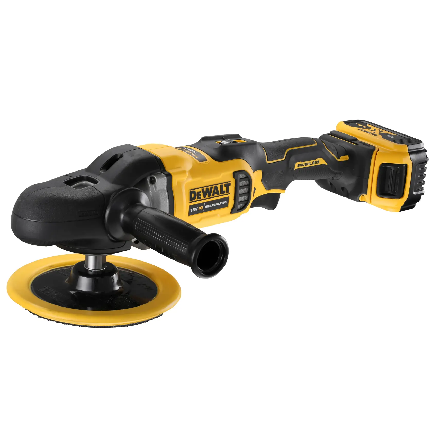 Cordless DEWALT polisher with yellow and black design, side handle, and battery attached at the rear.