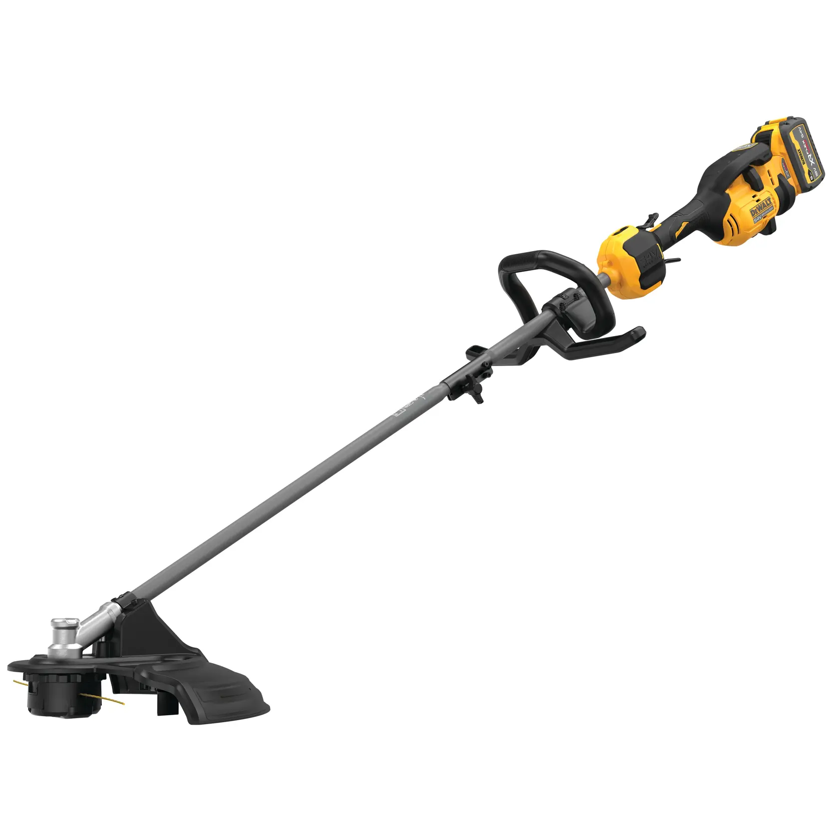 DEWALT cordless string trimmer with a long gray shaft, black and yellow handle, and a battery pack attached at the end. The cutting head has protective shielding and dual cutting lines.