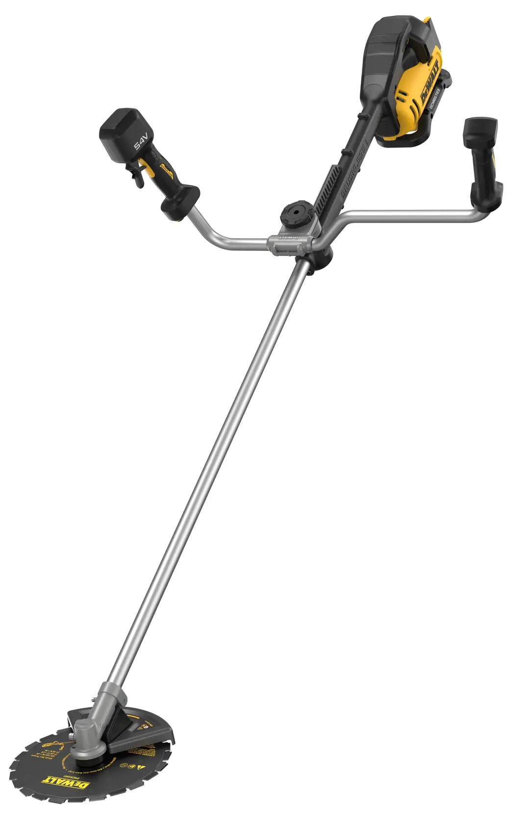 DEWALT brush cutter DCMBC723N-XJ, DCMBC723N. Yellow/black tool for garden maintenance, with metal blade and handles.
