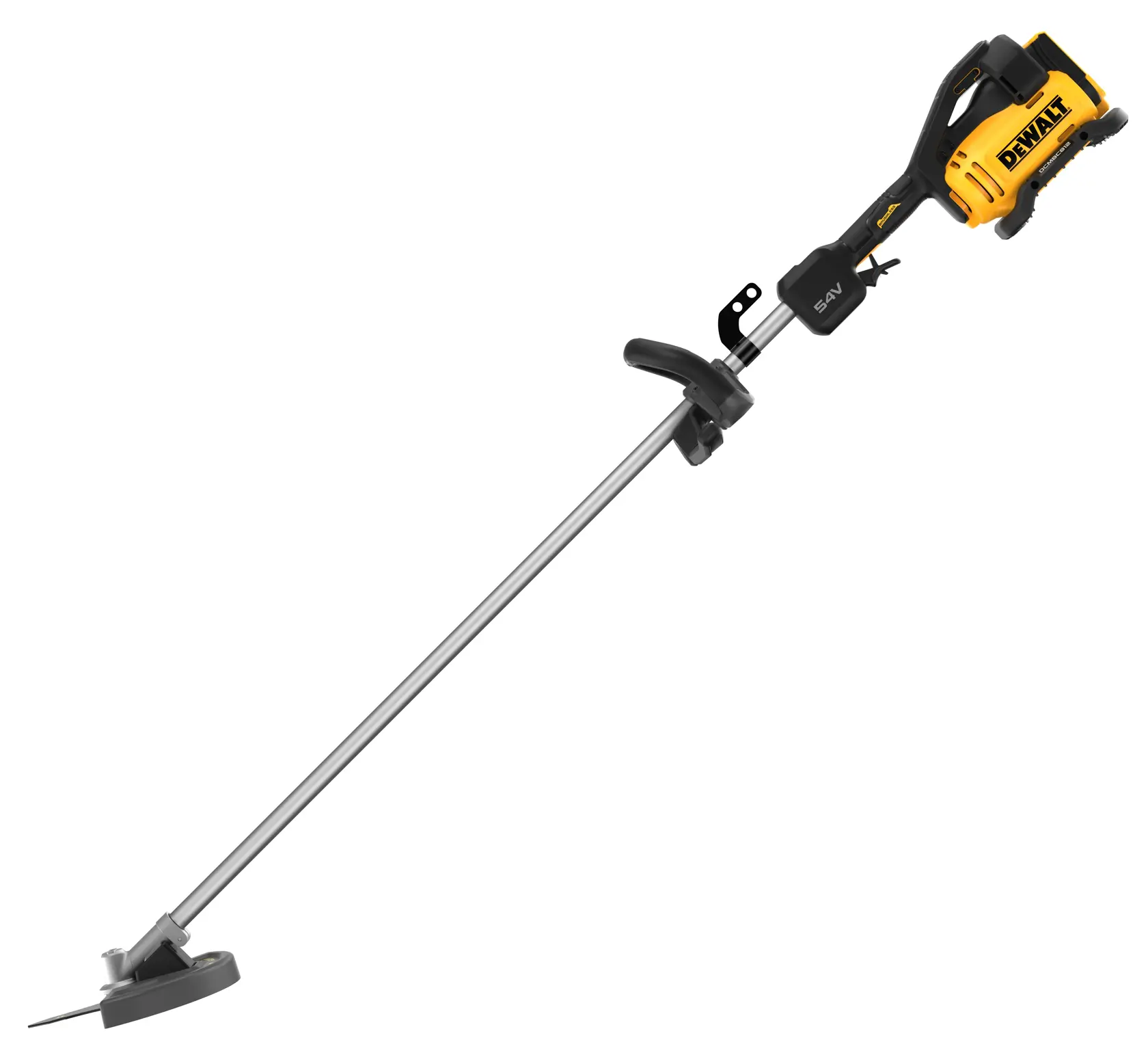DEWALT Akku-Trimmer DCMBC812N-XJ und DCMBC812N. Gartengerät mit gelbem Motor und langem Schaft.