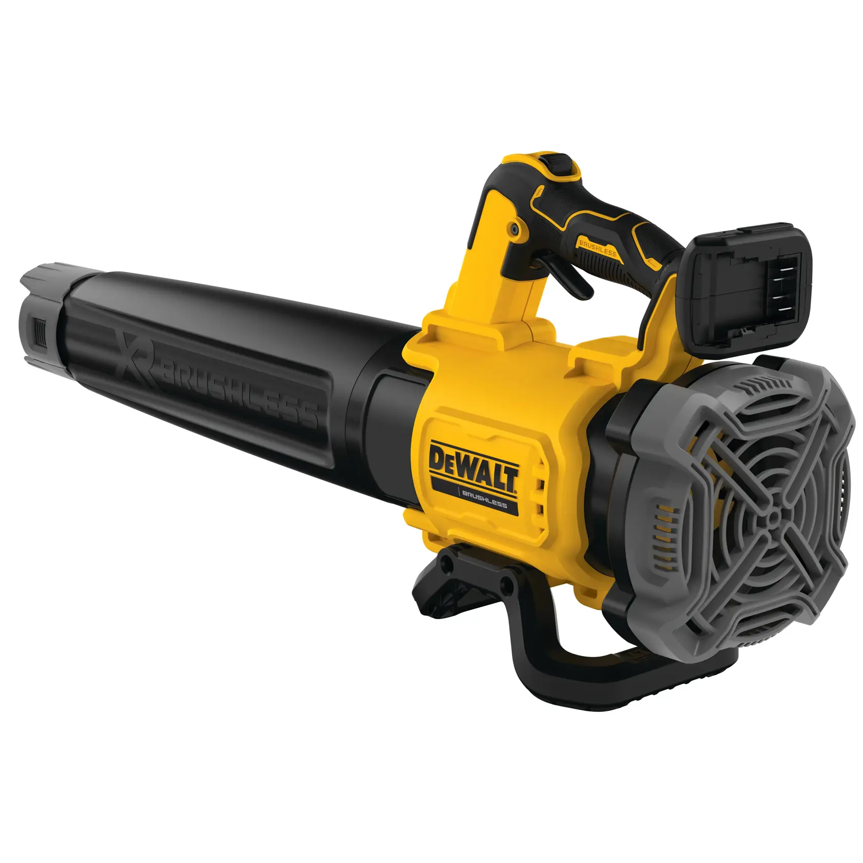DEWALT cordless brushless leaf blower with yellow and black design, battery compartment shows no battery installed.