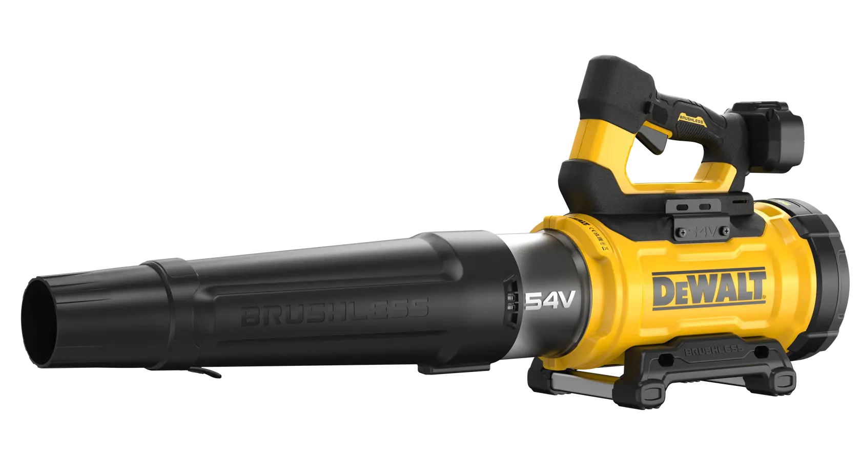 DEWALT 54V cordless brushless leaf blower in yellow and black, shown from the side on a white background.