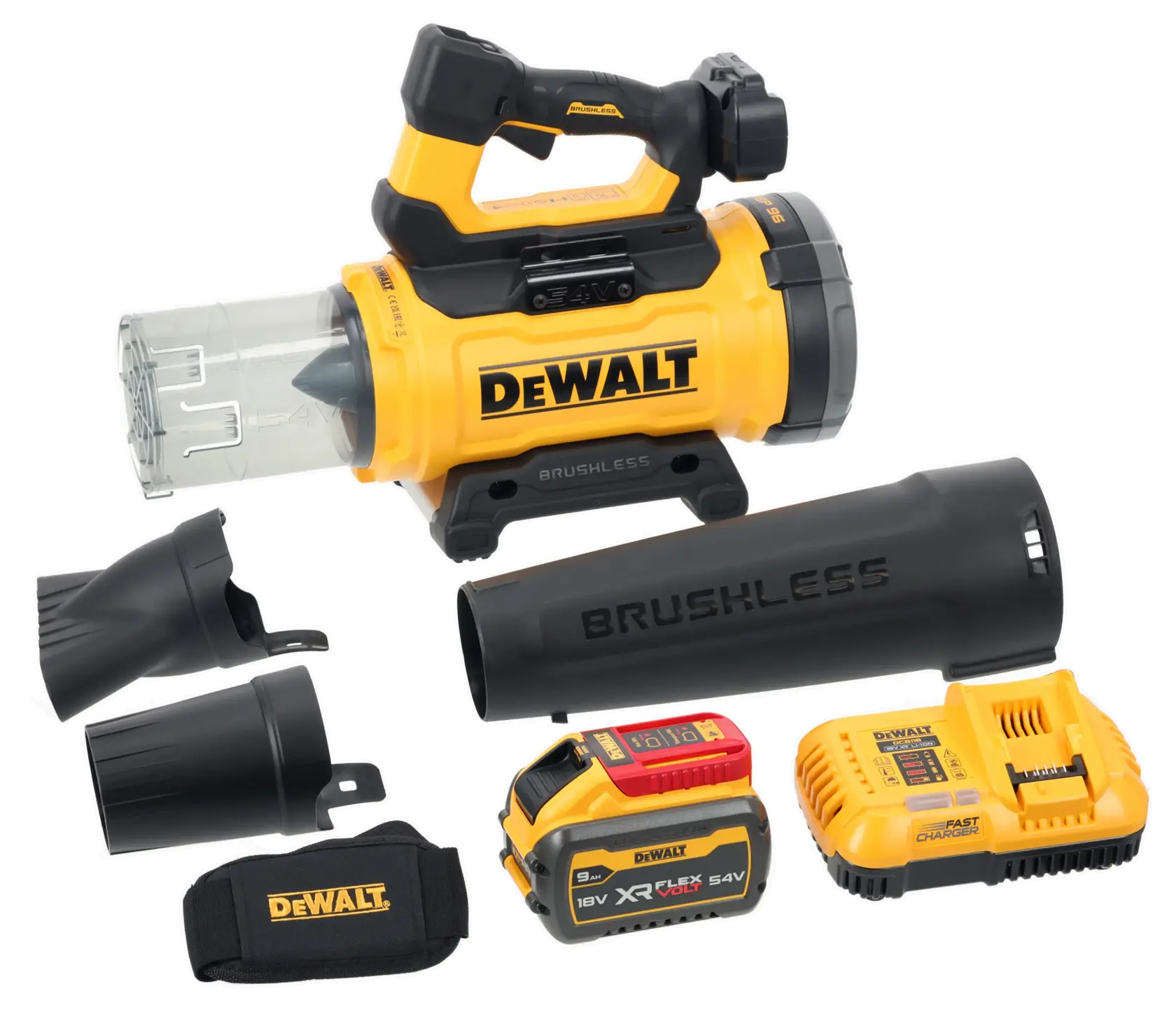 DEWALT cordless blower kit with battery, charger, nozzle attachments, and strap, all shown on a white background.