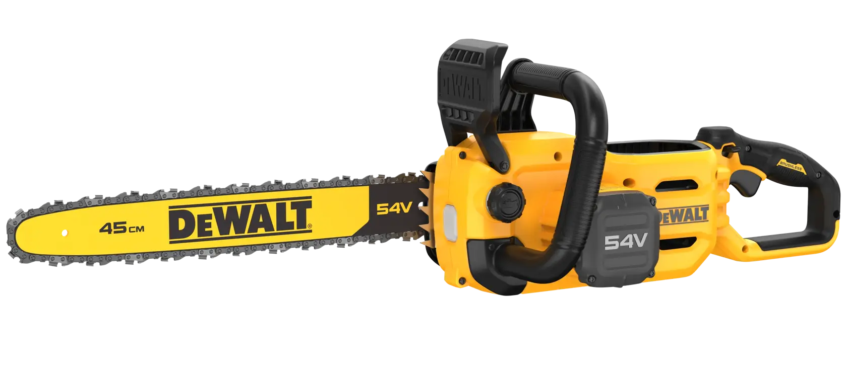 A yellow and black DEWALT 54V cordless chainsaw with a 45cm blade, designed for cutting wood.