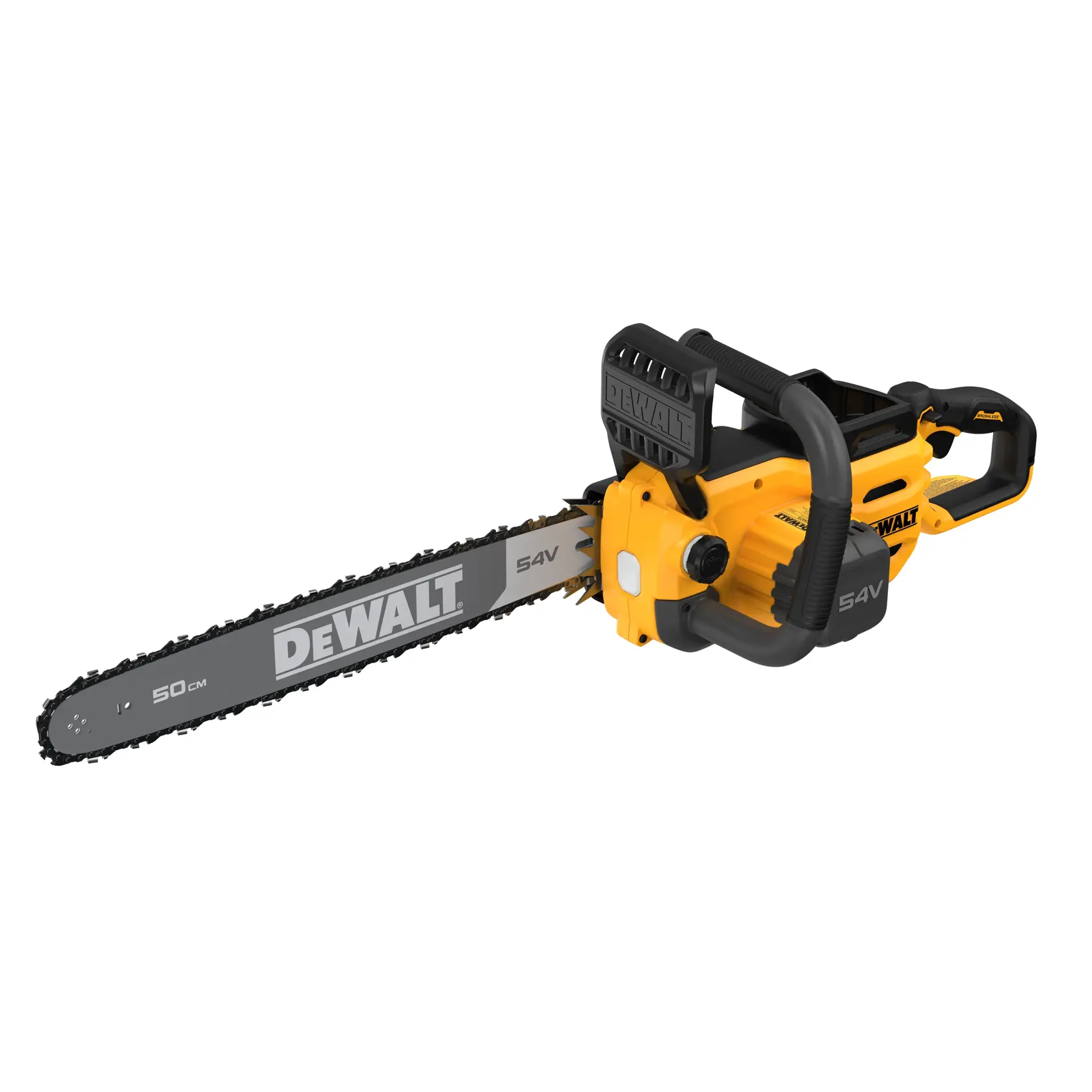 A yellow and black DEWALT 54V cordless chainsaw with a 50 cm bar, viewed from the side.