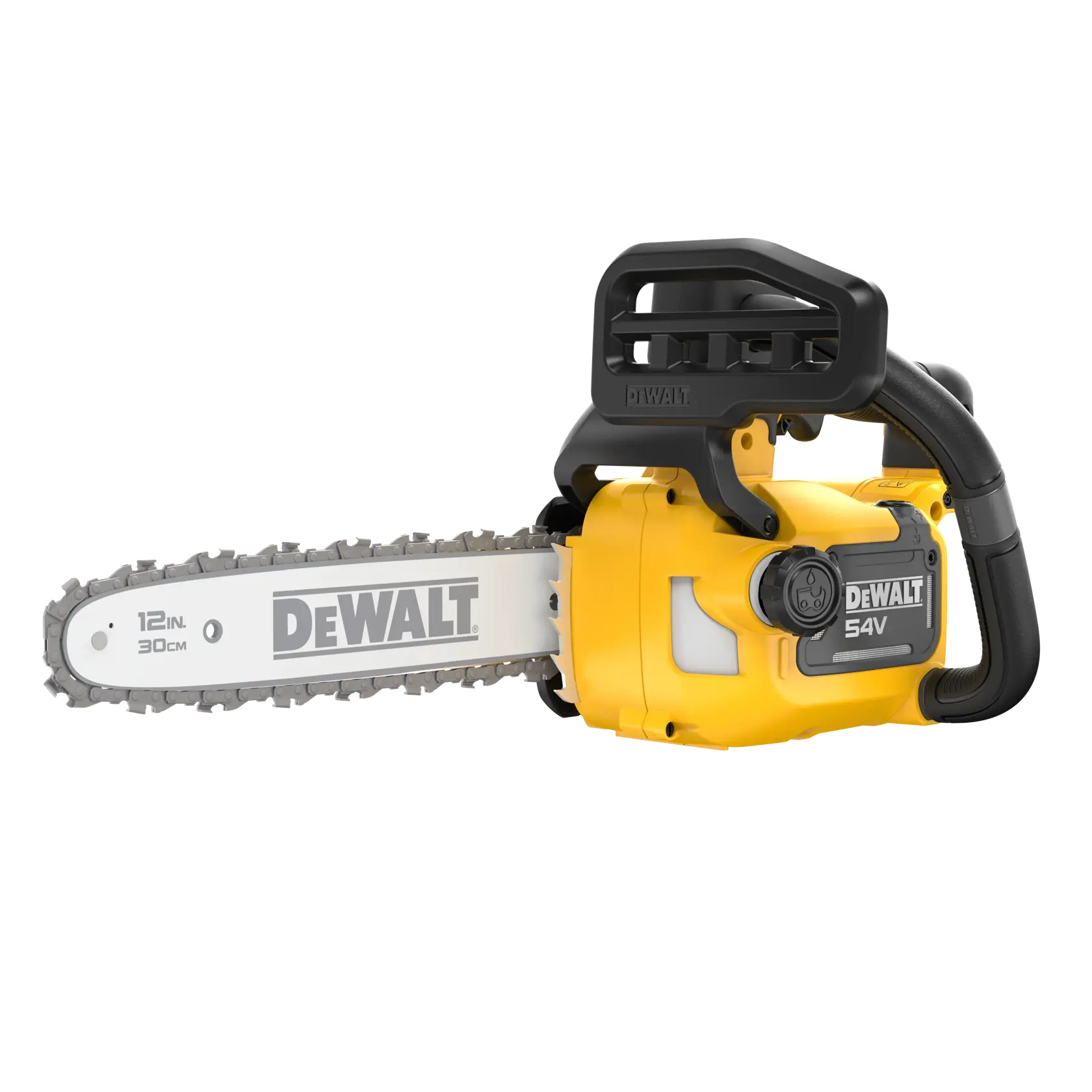 DEWALT 54V cordless chainsaw with a 12-inch blade, yellow and black, shown isolated on a white background.