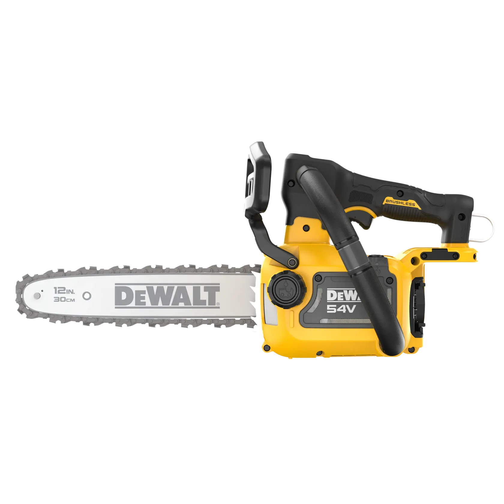 DEWALT 54V cordless chainsaw with 12-inch bar, yellow and black design, side profile view.