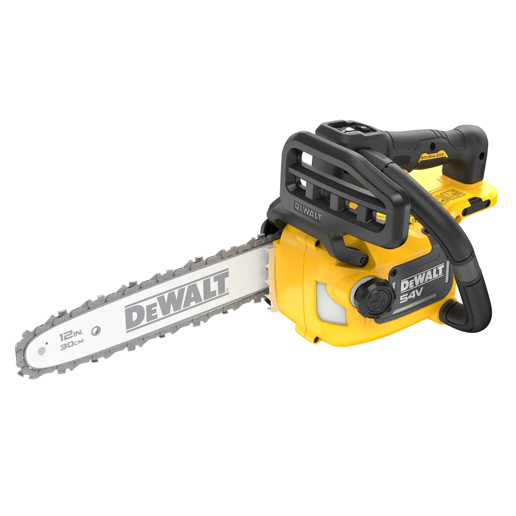 DEWALT 54V cordless chainsaw with yellow and black design. 12-inch blade for cutting wood and branches.
