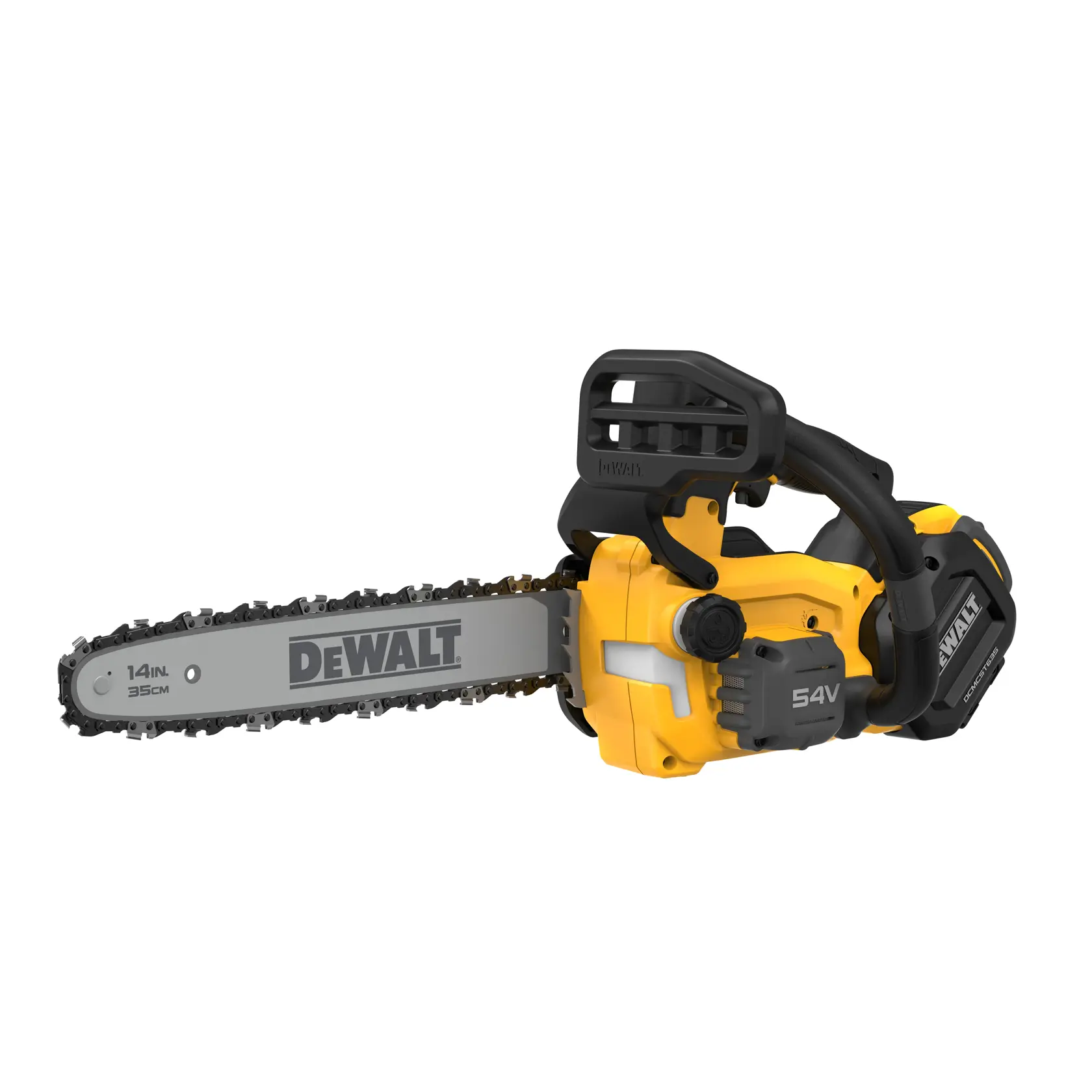 DEWALT 54V cordless chainsaw with a 35cm (14in) blade, shown in yellow and black.