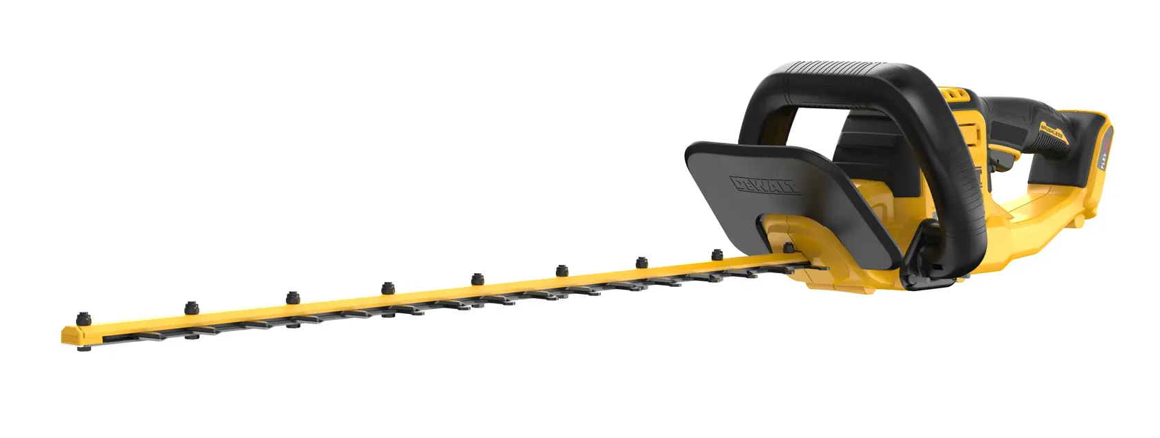 Yellow and black cordless hedge trimmer with long blade and ergonomic handle on white background.