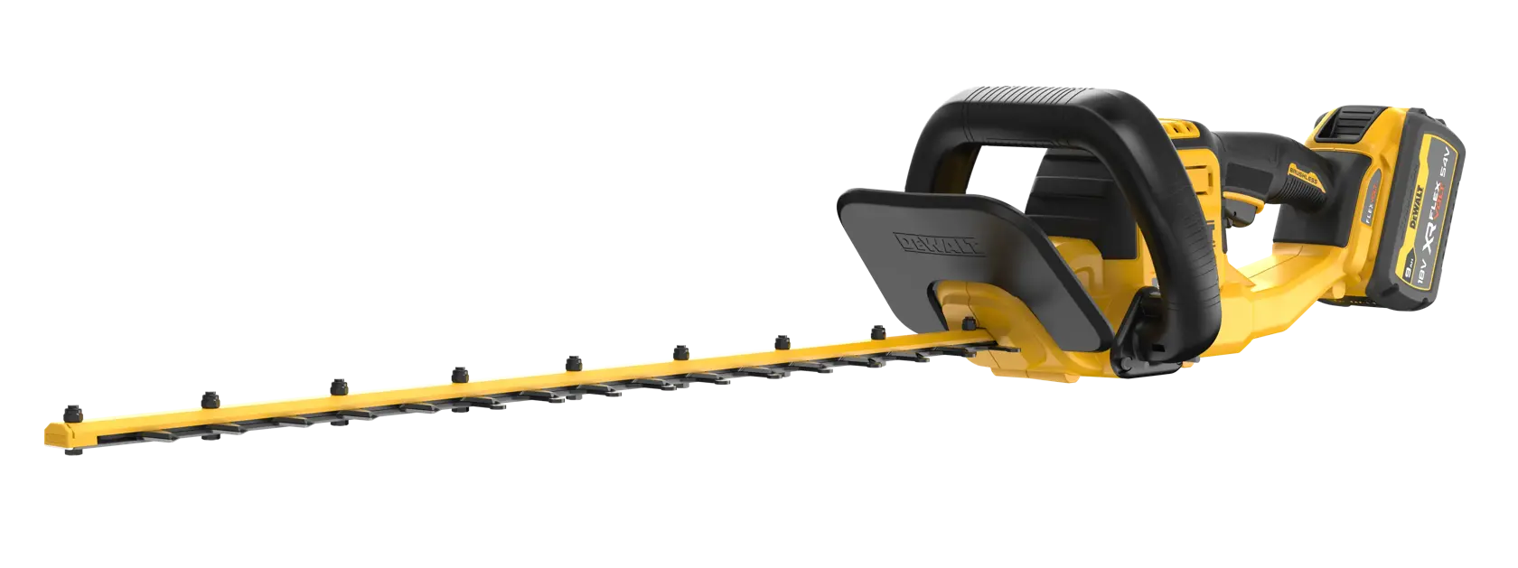 Yellow and black DEWALT cordless hedge trimmer with a long blade and ergonomic handle shown on a white background.