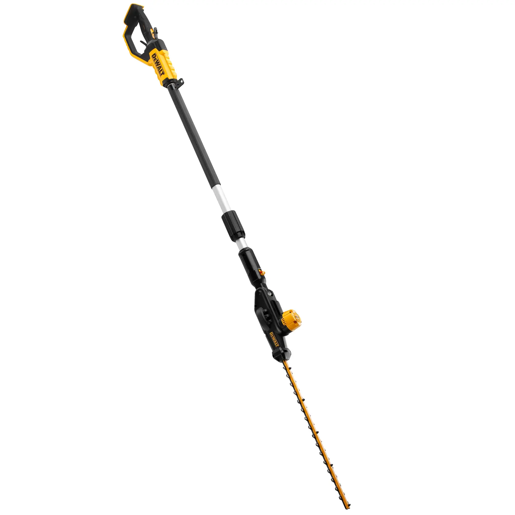 DEWALT cordless telescopic pole hedge trimmer with adjustable head and yellow-black design.