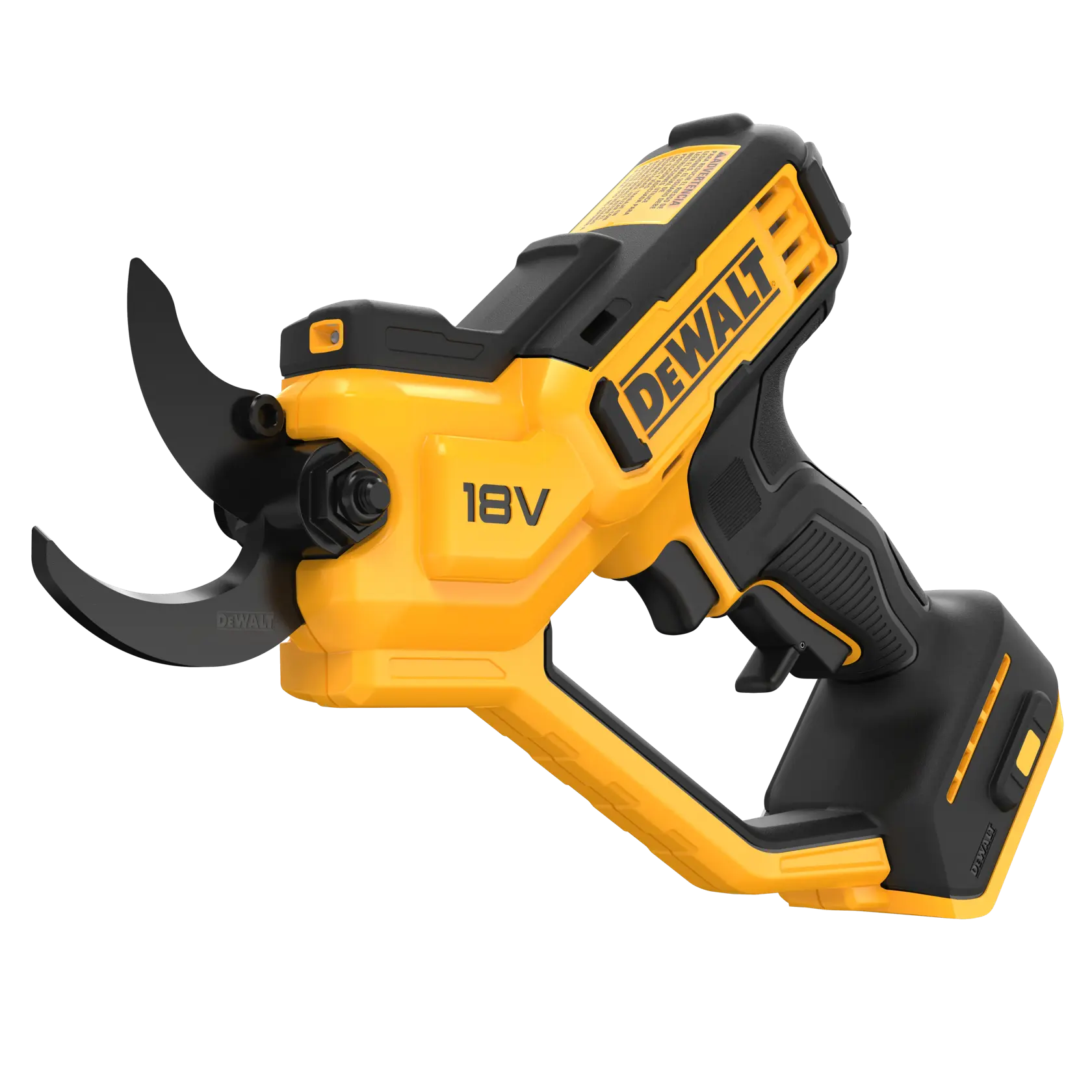DEWALT 18V cordless pruning shear with yellow and black body, ergonomic handle, and curved blades.