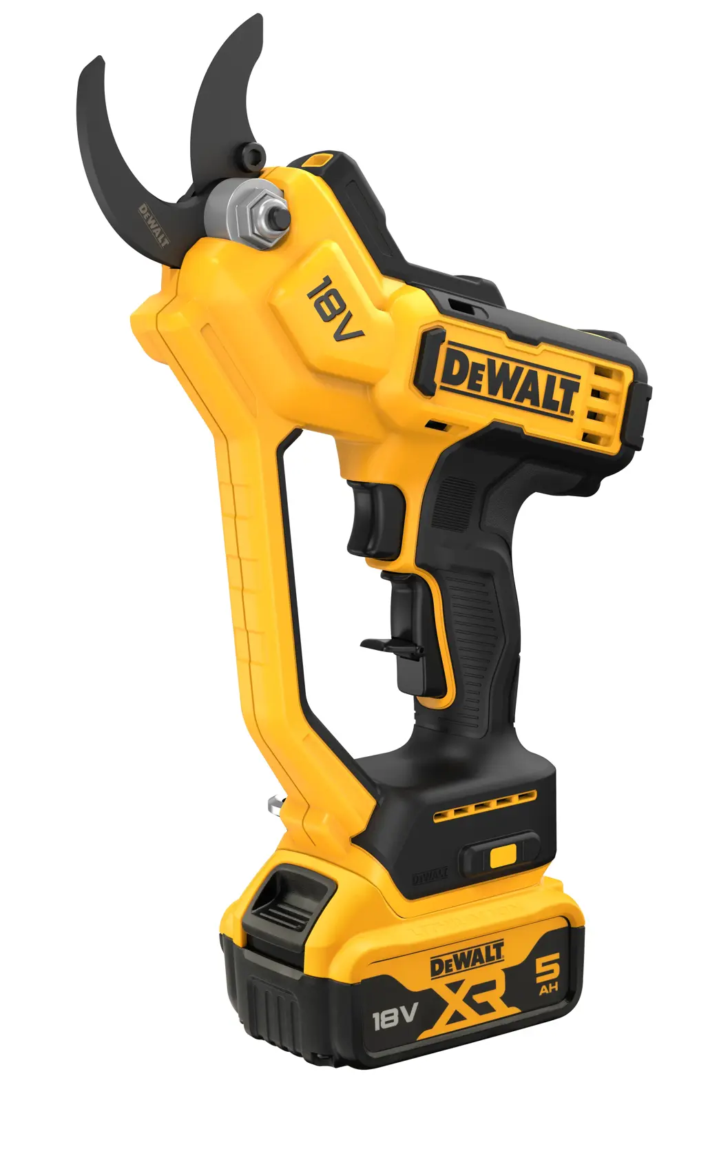 DEWALT 18V cordless pruning shears with black and yellow body, 5Ah battery, ergonomic handle.