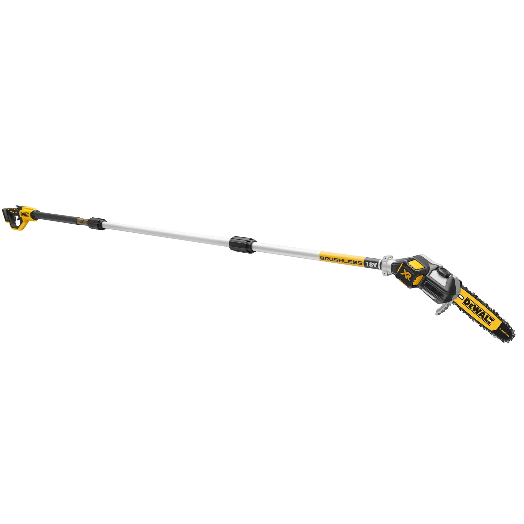 DEWALT 18V brushless pole saw with extended handle for pruning. Yellow and black design.