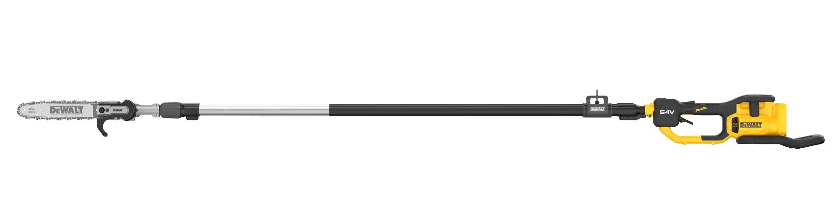 DEWALT cordless pole saw with a long reach for pruning and cutting branches.