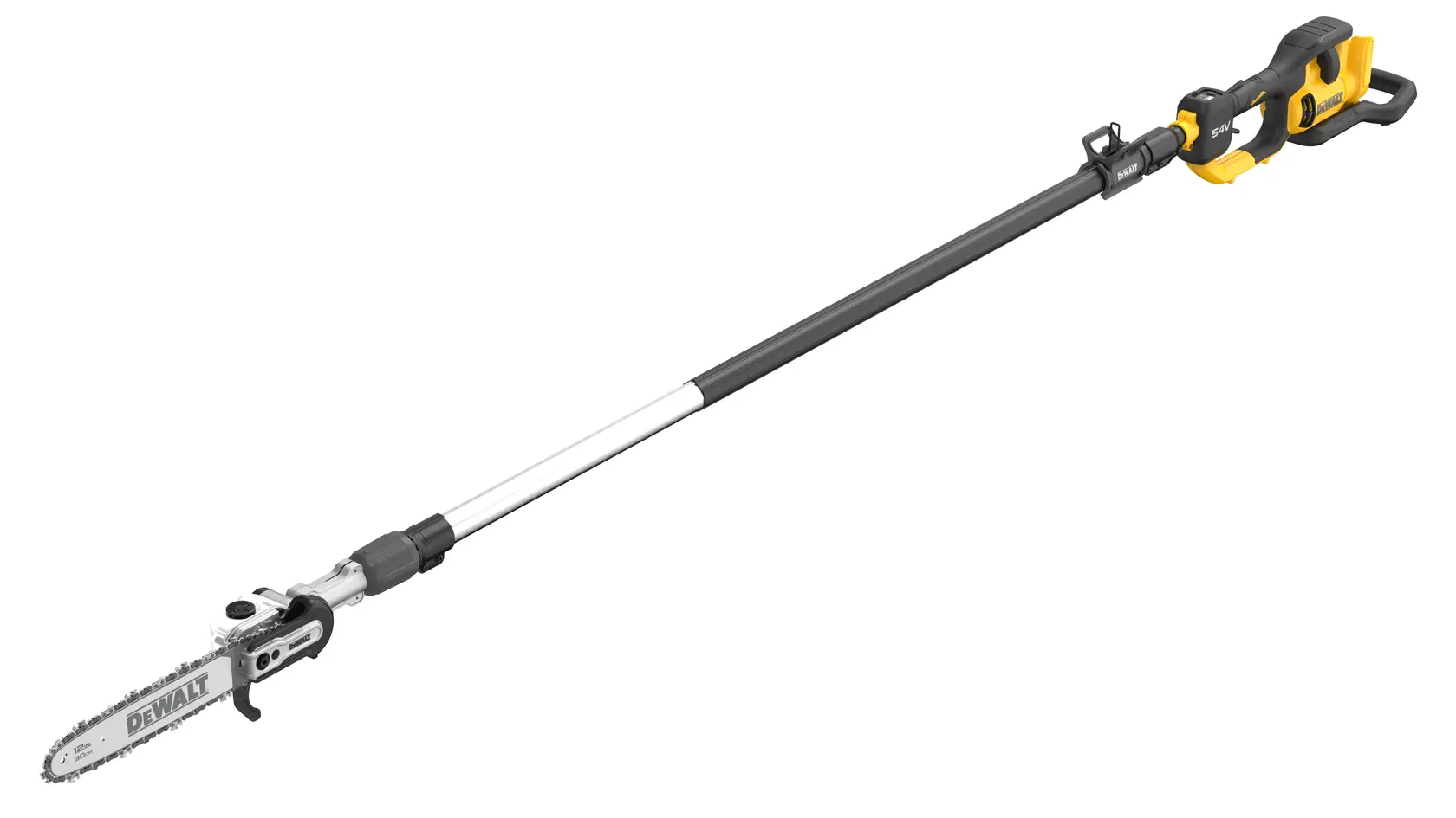 DEWALT cordless pole saw with long handle and chainsaw blade for tree pruning.