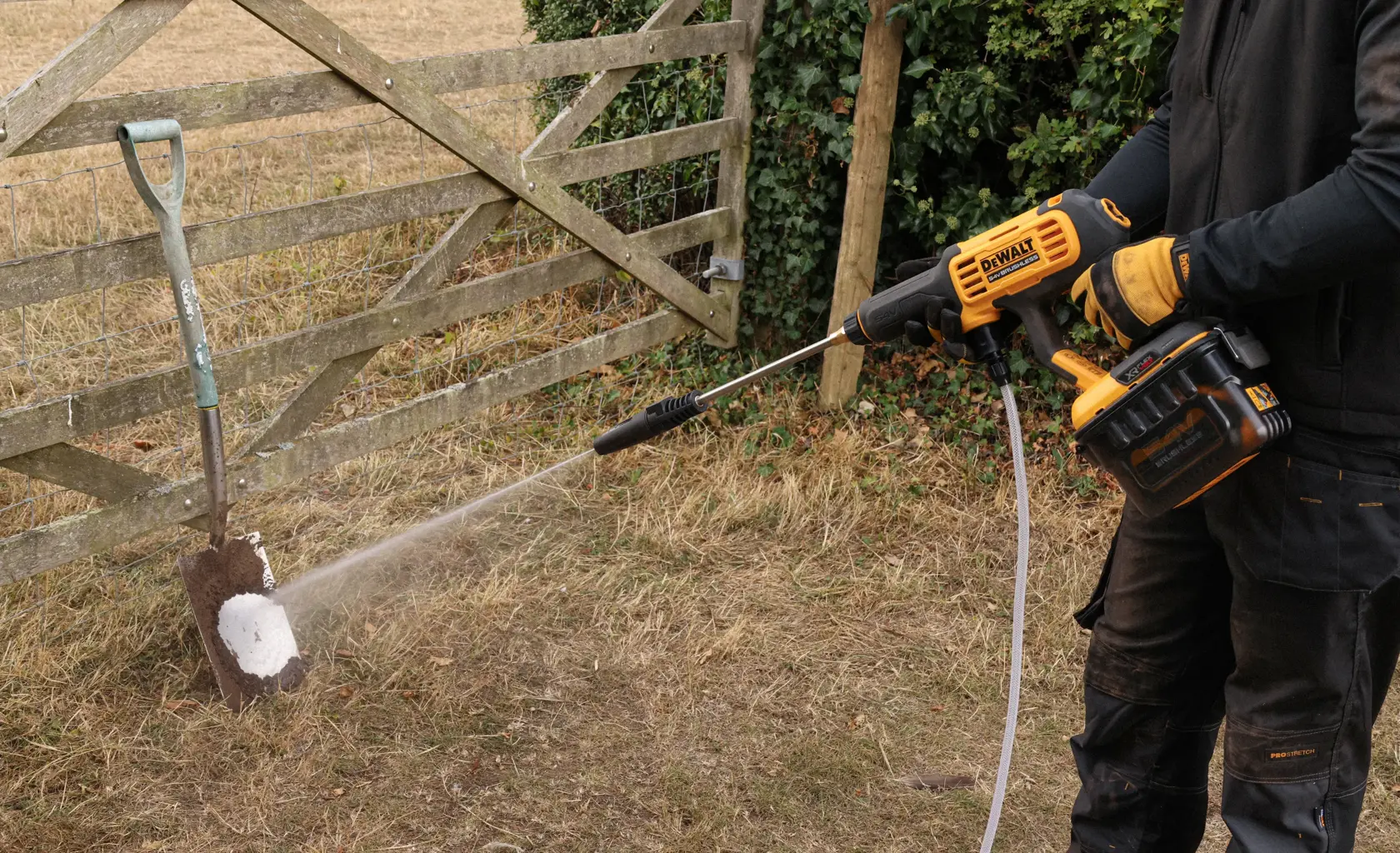 DEWALT DCMPW1000N, DCMPW1000N-XJ in use cleaning a shovel outdoors. Photography product category.