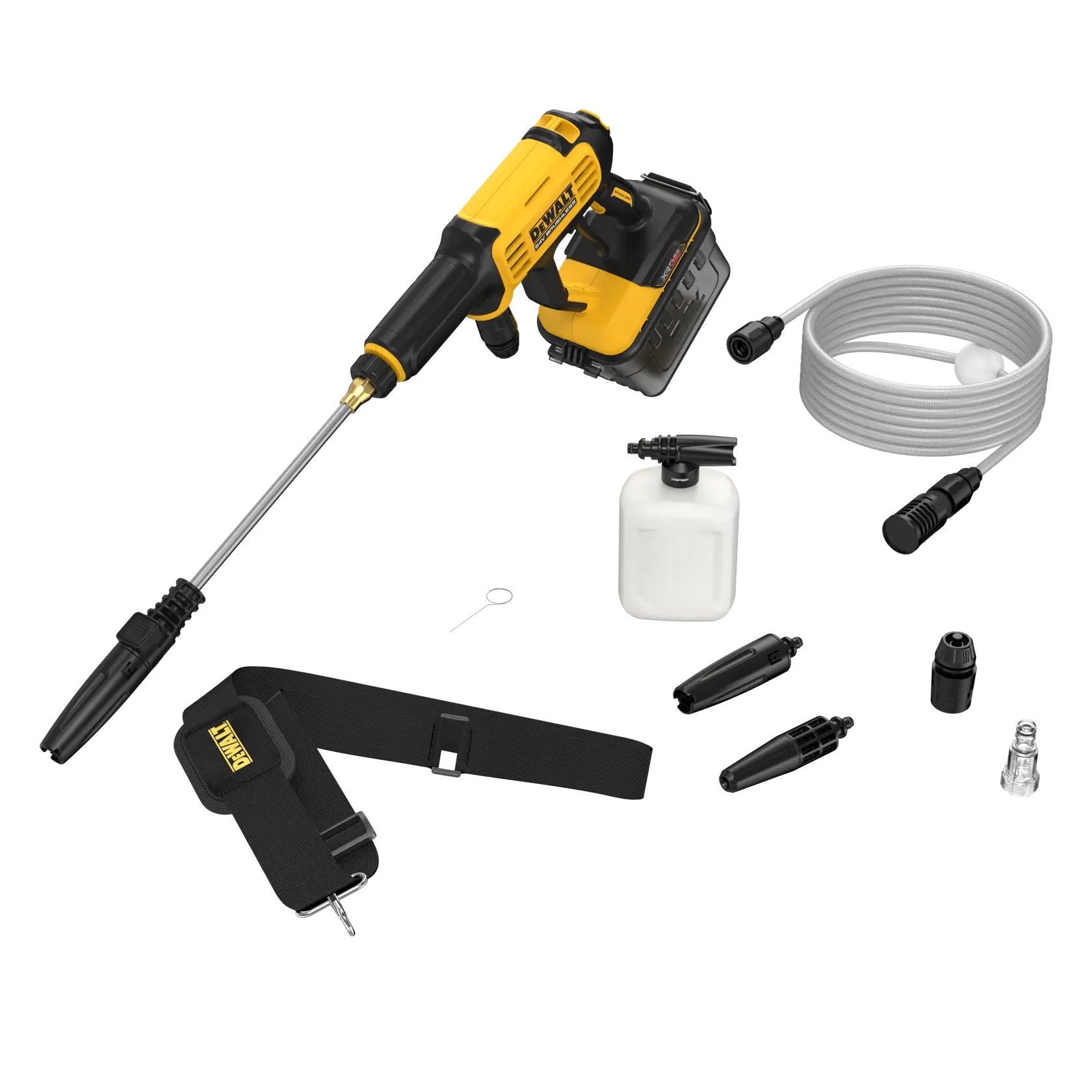 DEWALT DCMPW1000N, DCMPW1000N-XJ portable washer kit with hose, nozzles, strap and bottle.