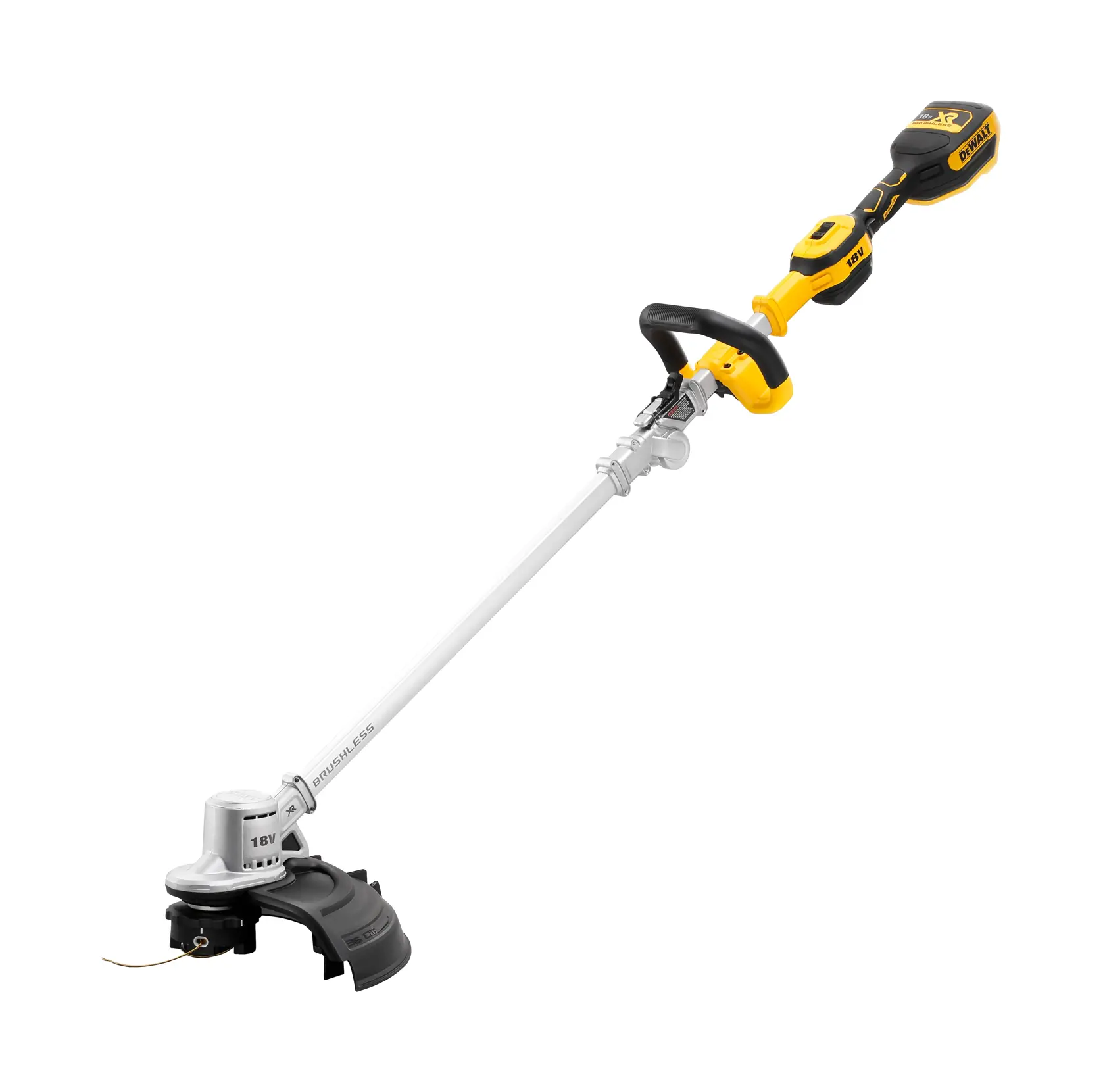 DEWALT cordless string trimmer with yellow and black handle, straight shaft, and protective guard.