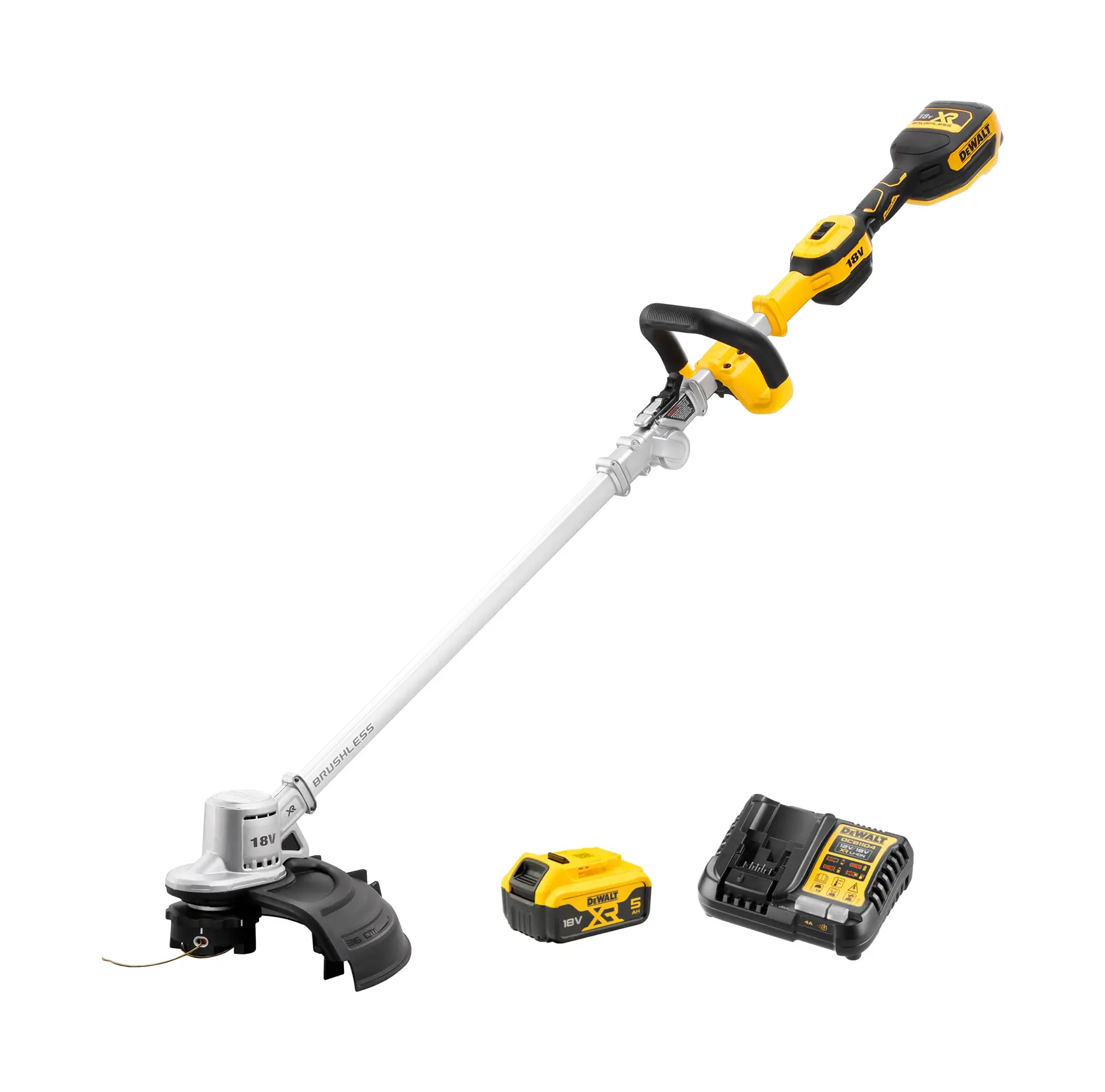DEWALT cordless string trimmer with battery and charger shown on a white background.