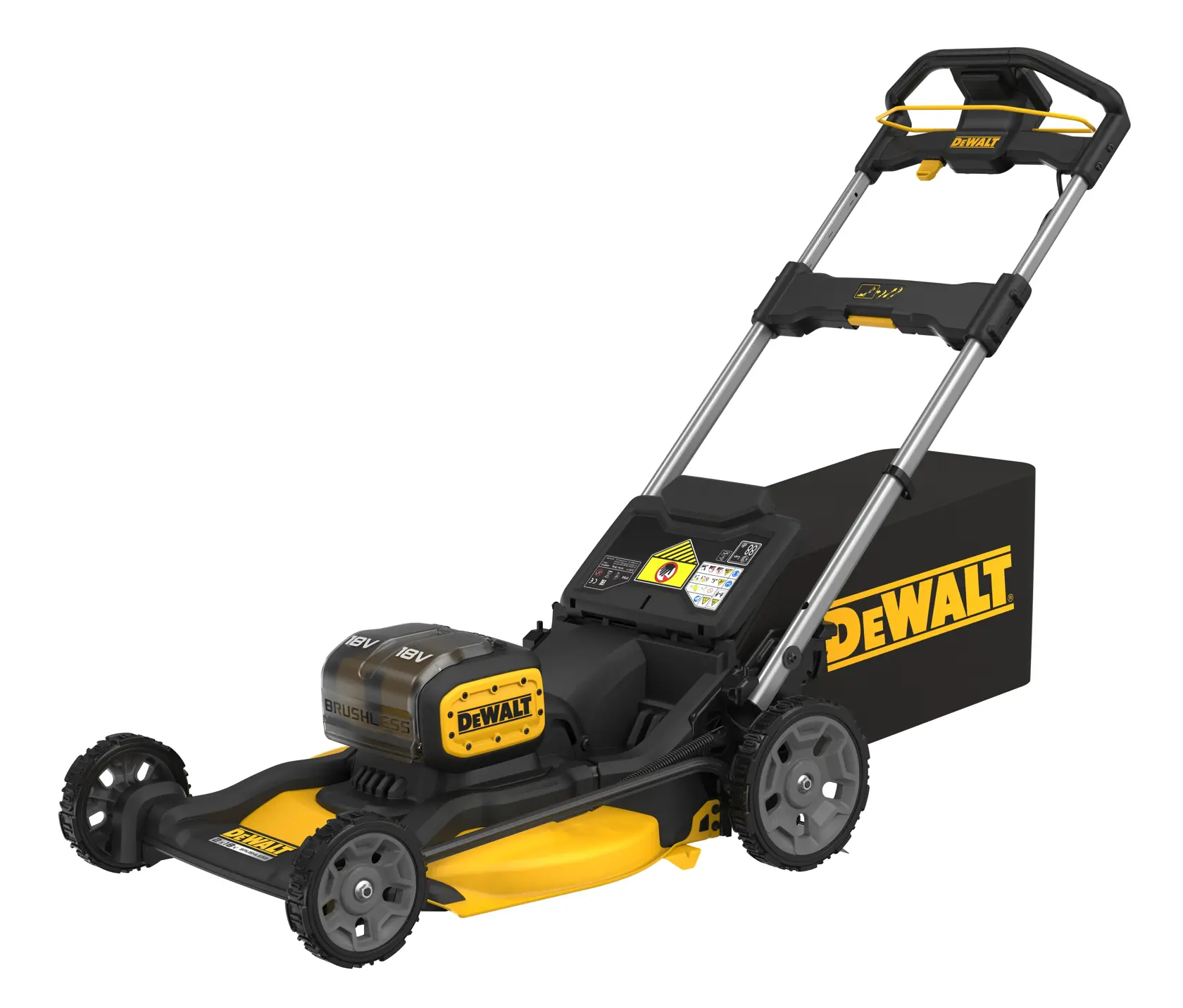 DEWALT cordless lawn mower with 18V battery, brushless motor, and grass catcher. Black and yellow design.