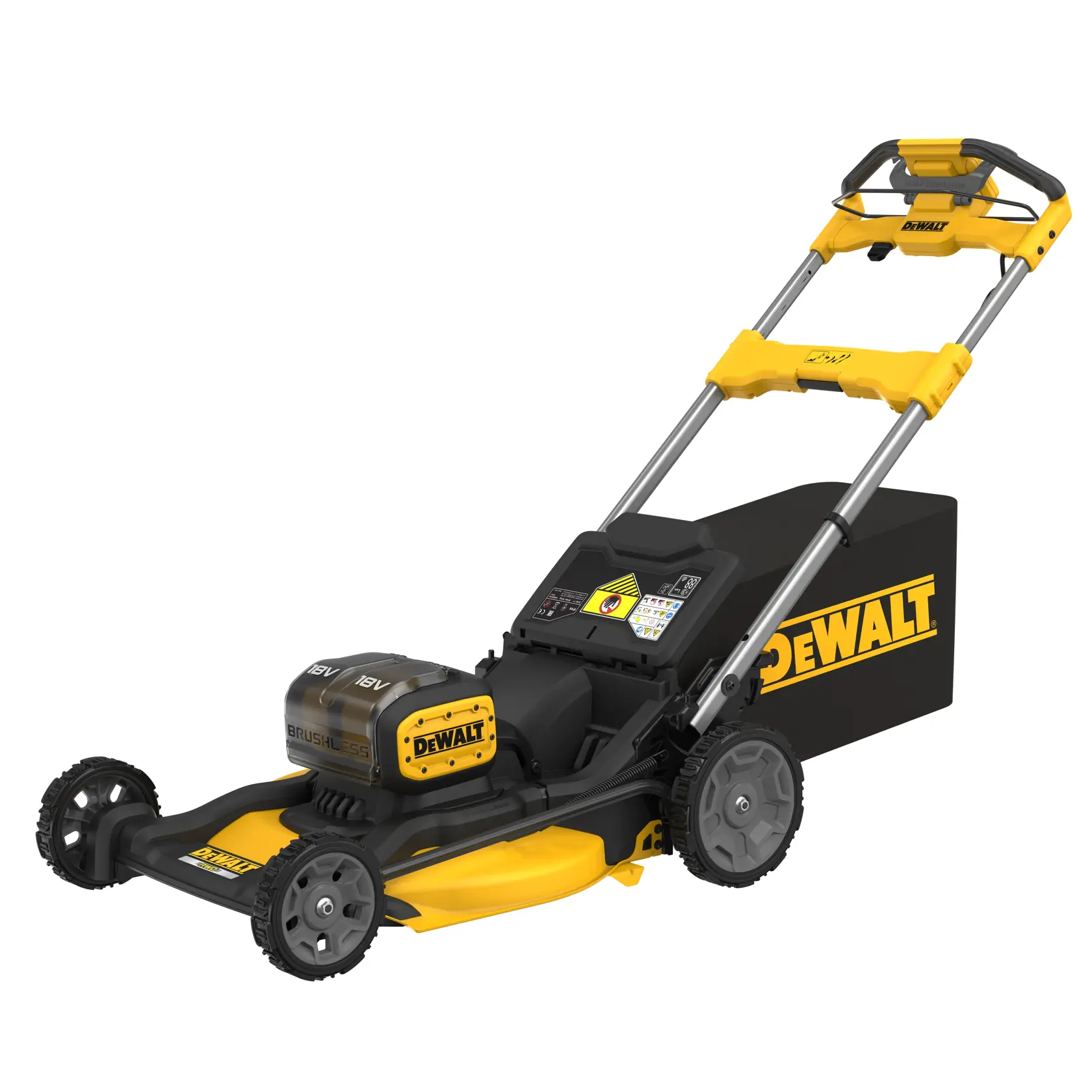 DEWALT cordless lawn mower with yellow and black design, adjustable handle, and rear grass collection box.