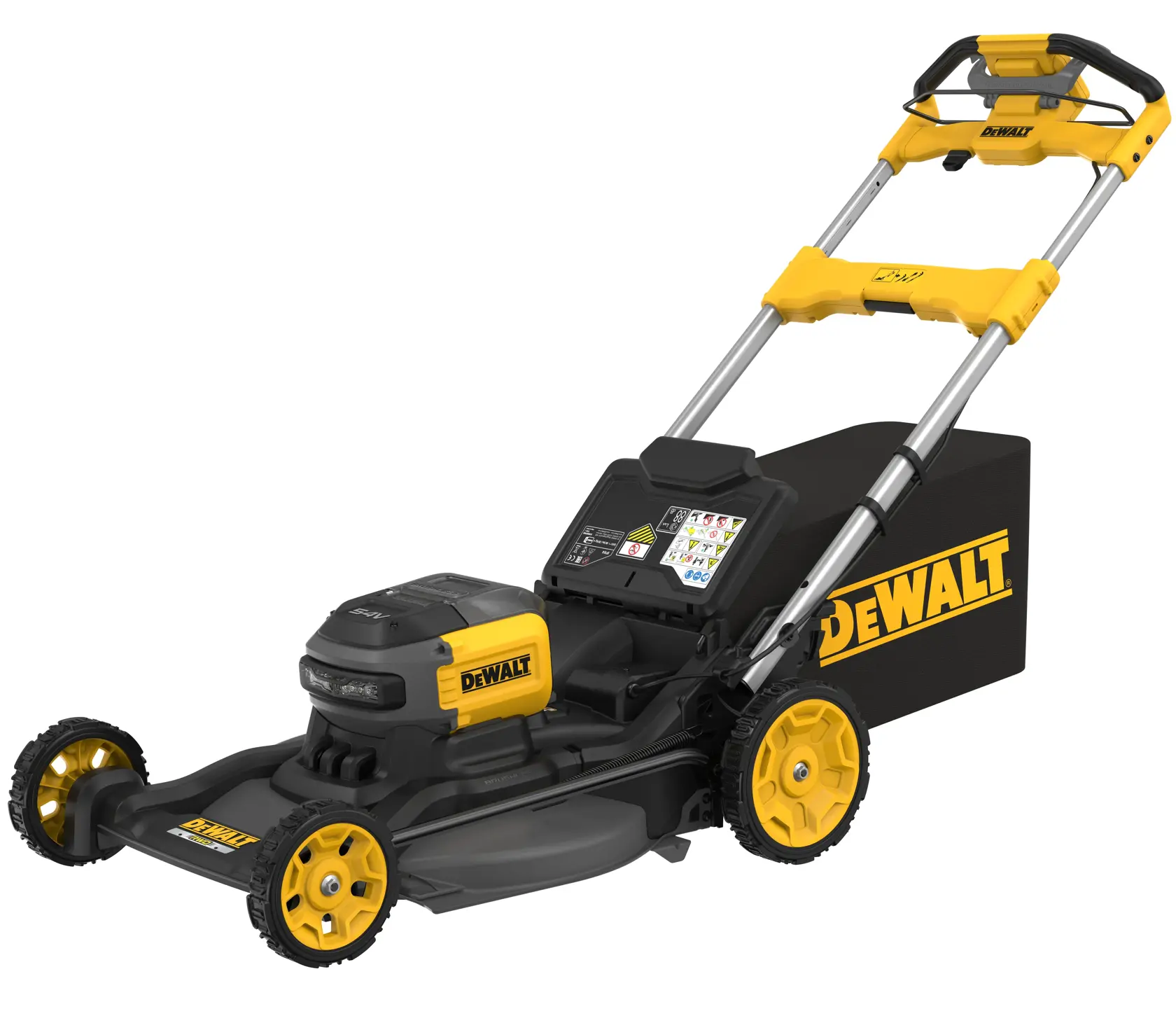 A DEWALT cordless electric lawn mower with a black and yellow design, featuring a sturdy handle and a large grass collection bag.